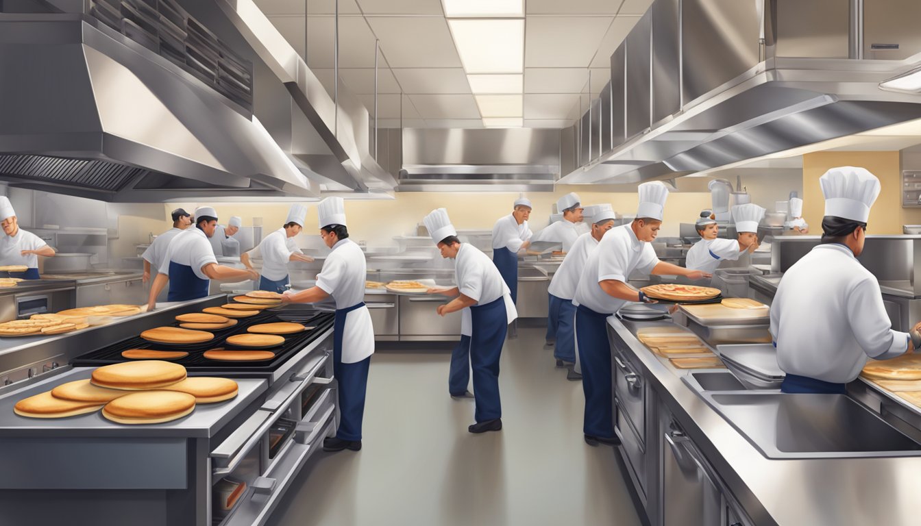 A busy kitchen with sizzling griddles, stacks of pancakes, and chefs bustling to prepare orders at an IHOP restaurant