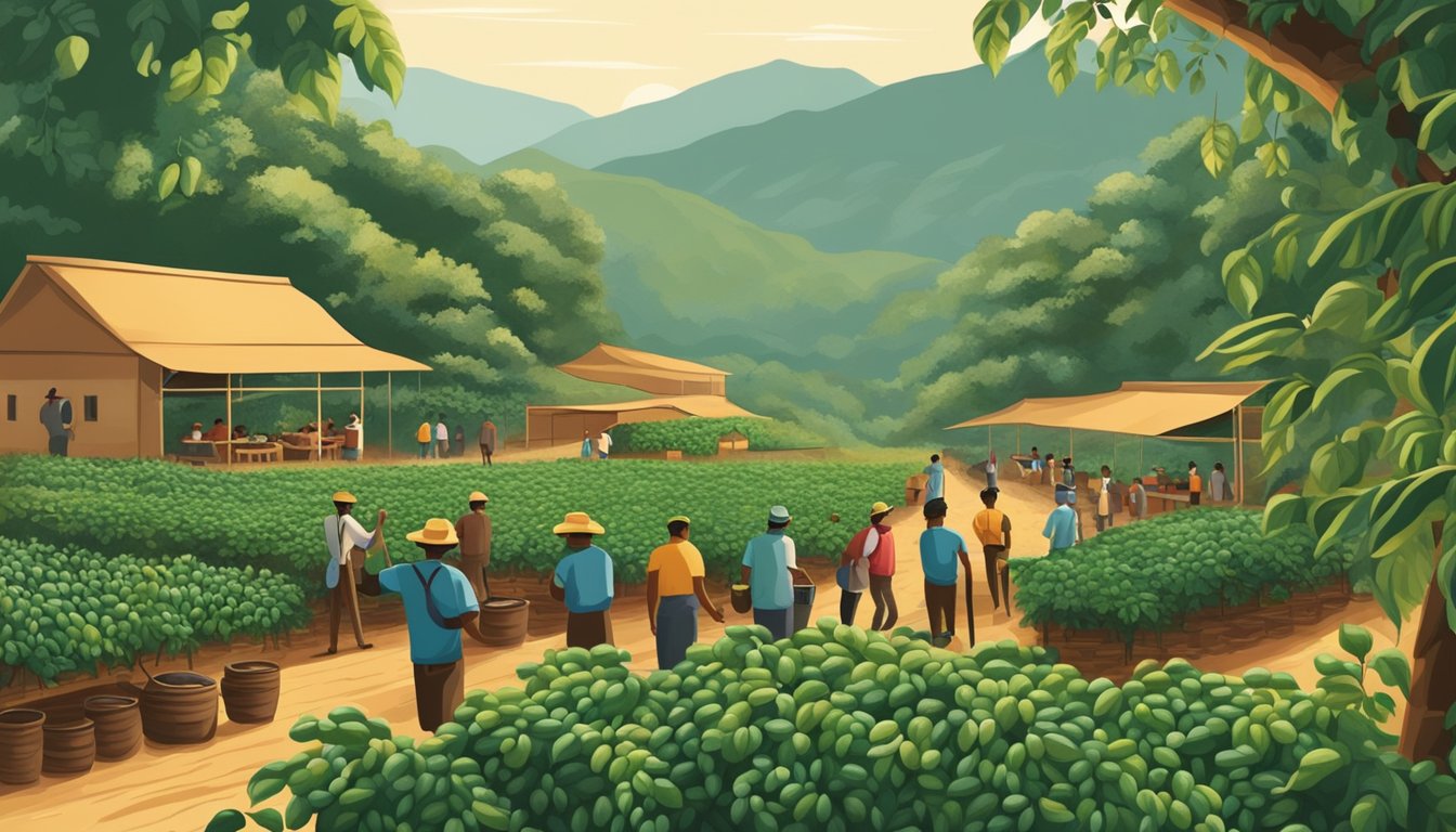 A lush coffee plantation with workers picking ripe beans, a roasting facility emitting aromatic smoke, and a bustling café serving freshly brewed coffee