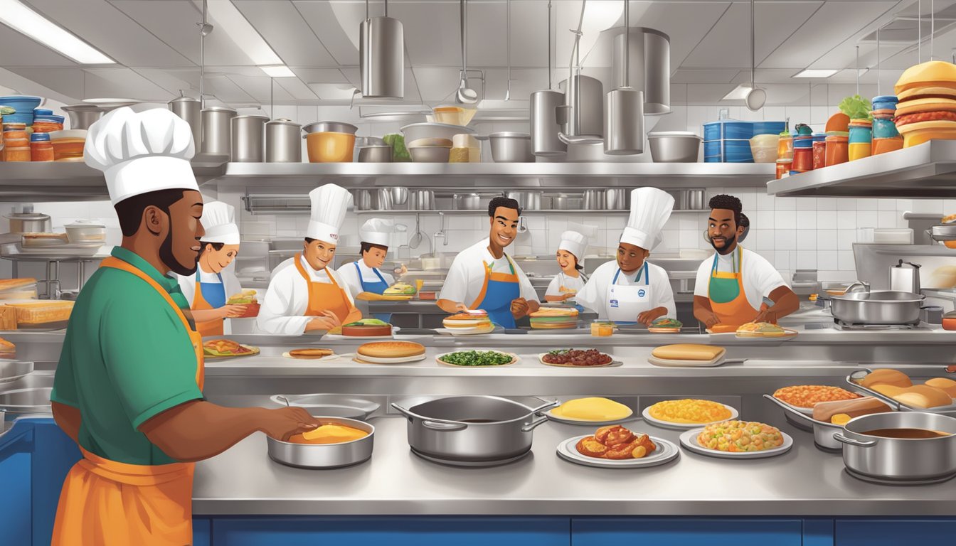 A bustling IHOP kitchen with chefs cooking up a variety of fresh and colorful breakfast dishes, surrounded by shelves stocked with signature ingredients and seasonal specials