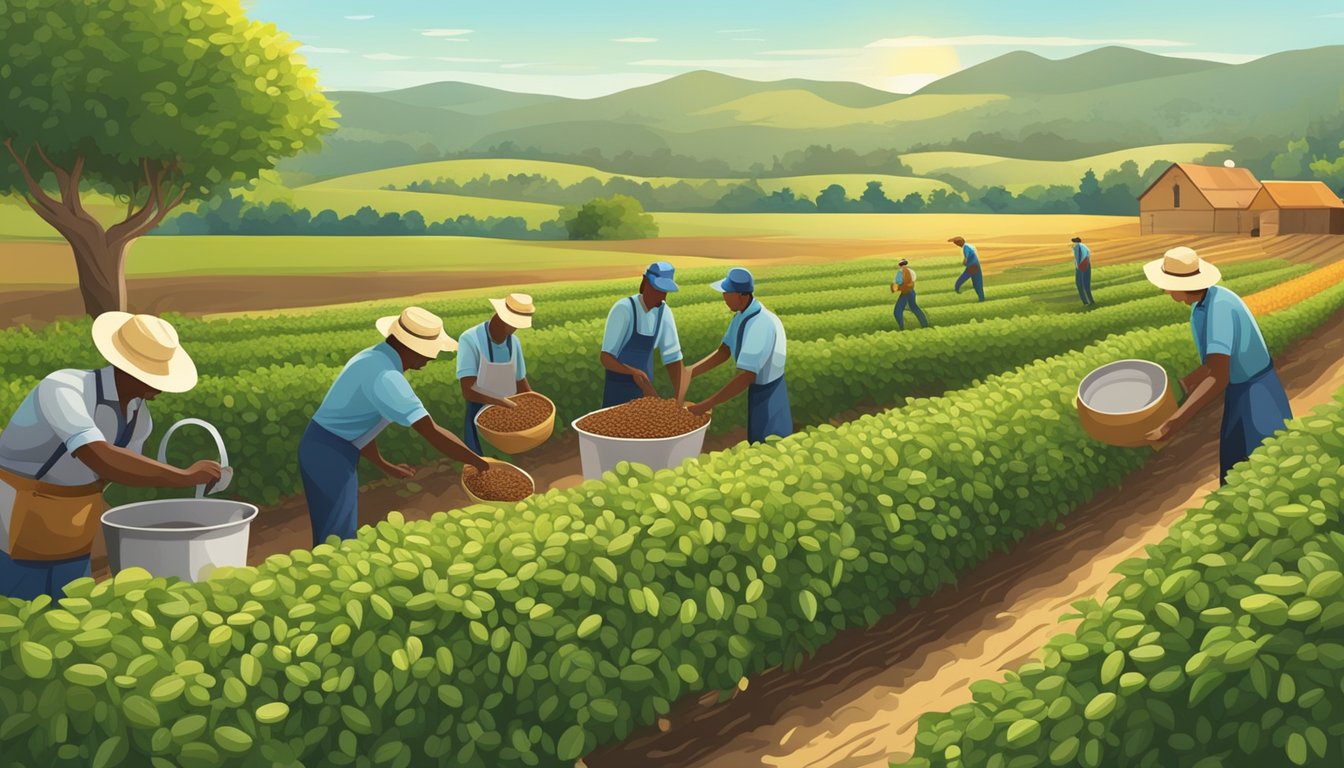 A coffee bean plant growing in a sunny field, with workers harvesting the beans and a roaster processing them