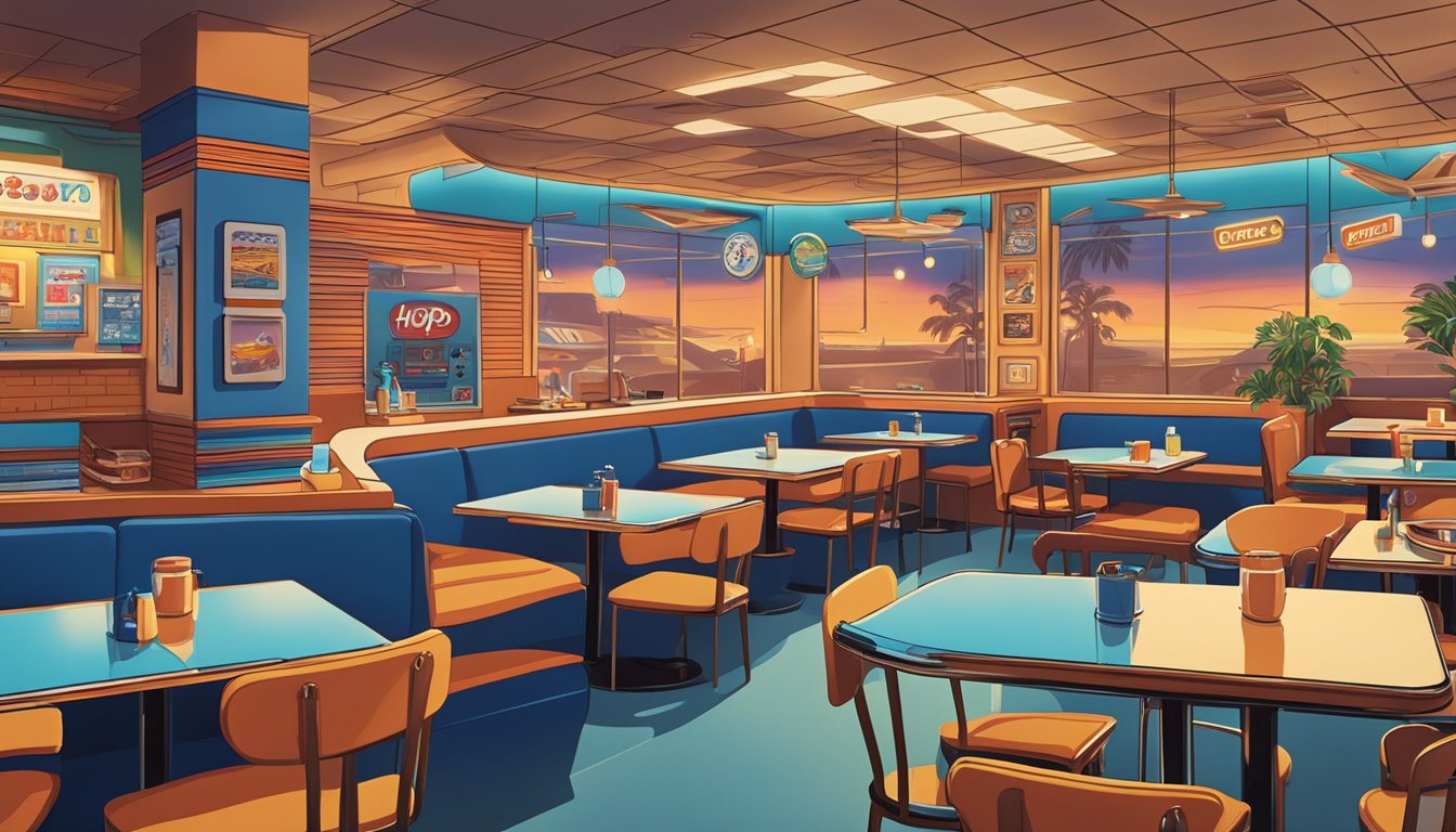 A bustling IHOP restaurant decorated with 1970s and 1980s memorabilia. Neon lights, vinyl records, and retro furniture create a nostalgic atmosphere