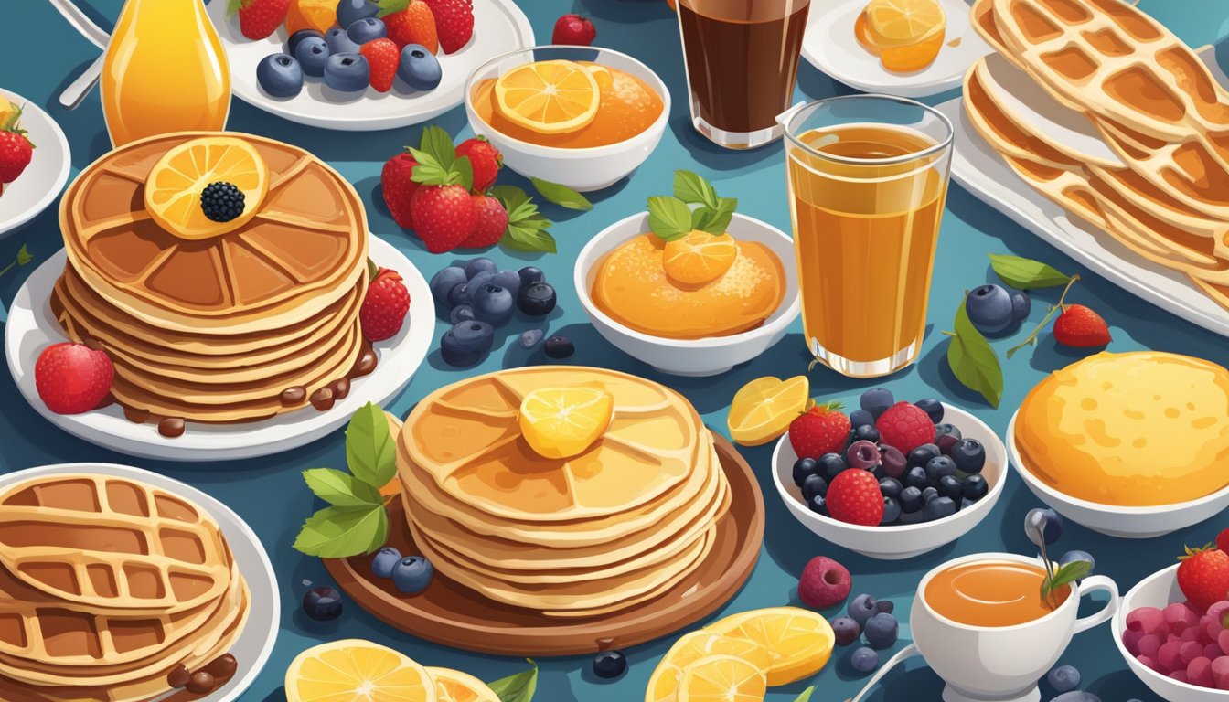 A colorful array of pancakes, waffles, and breakfast dishes spread across a table, with fresh fruits and syrups adding a festive touch