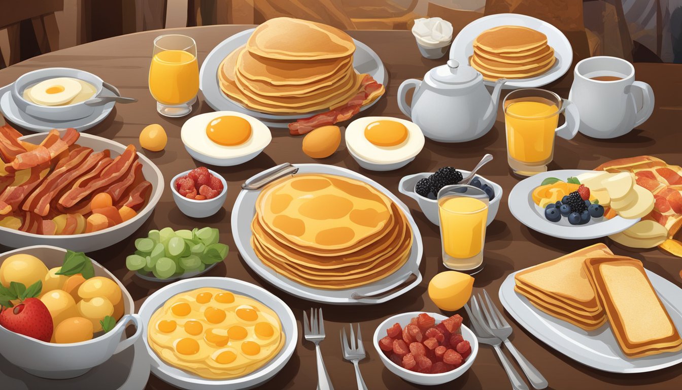 A table set with a variety of sides and add-ons, including pancakes, bacon, eggs, and fruit, surrounded by a warm and inviting atmosphere