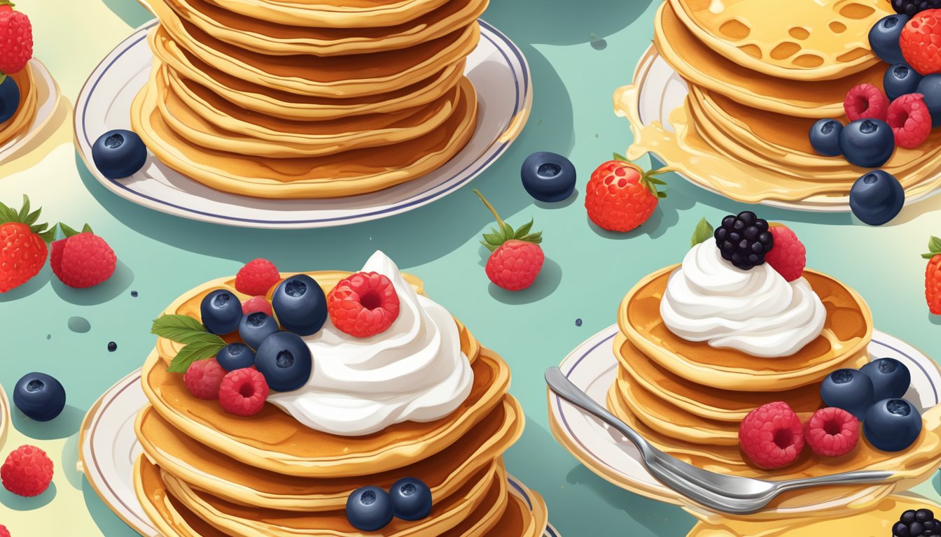 A stack of golden pancakes topped with a drizzle of syrup, surrounded by a few scattered berries and a dollop of whipped cream on the side