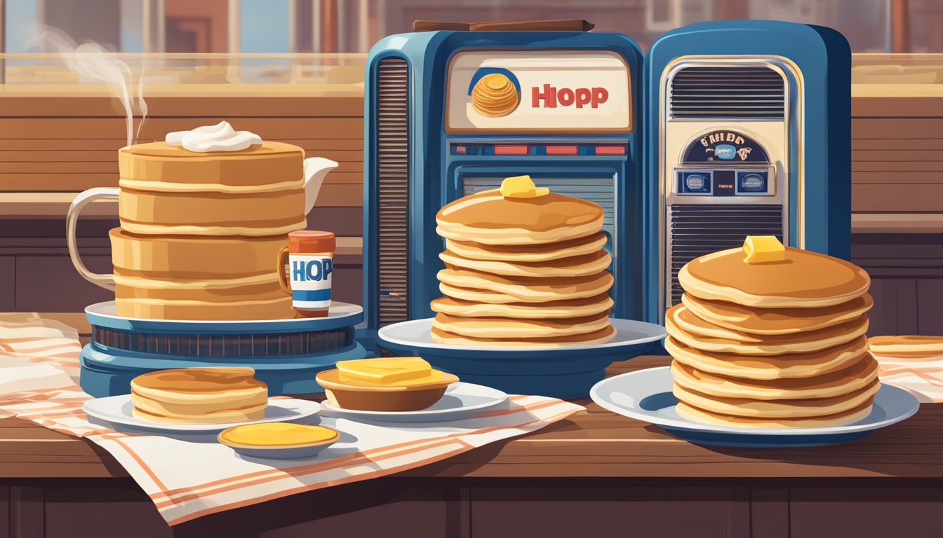 A stack of pancakes with syrup and butter, next to a vintage jukebox playing classic American tunes, surrounded by iconic IHOP signage