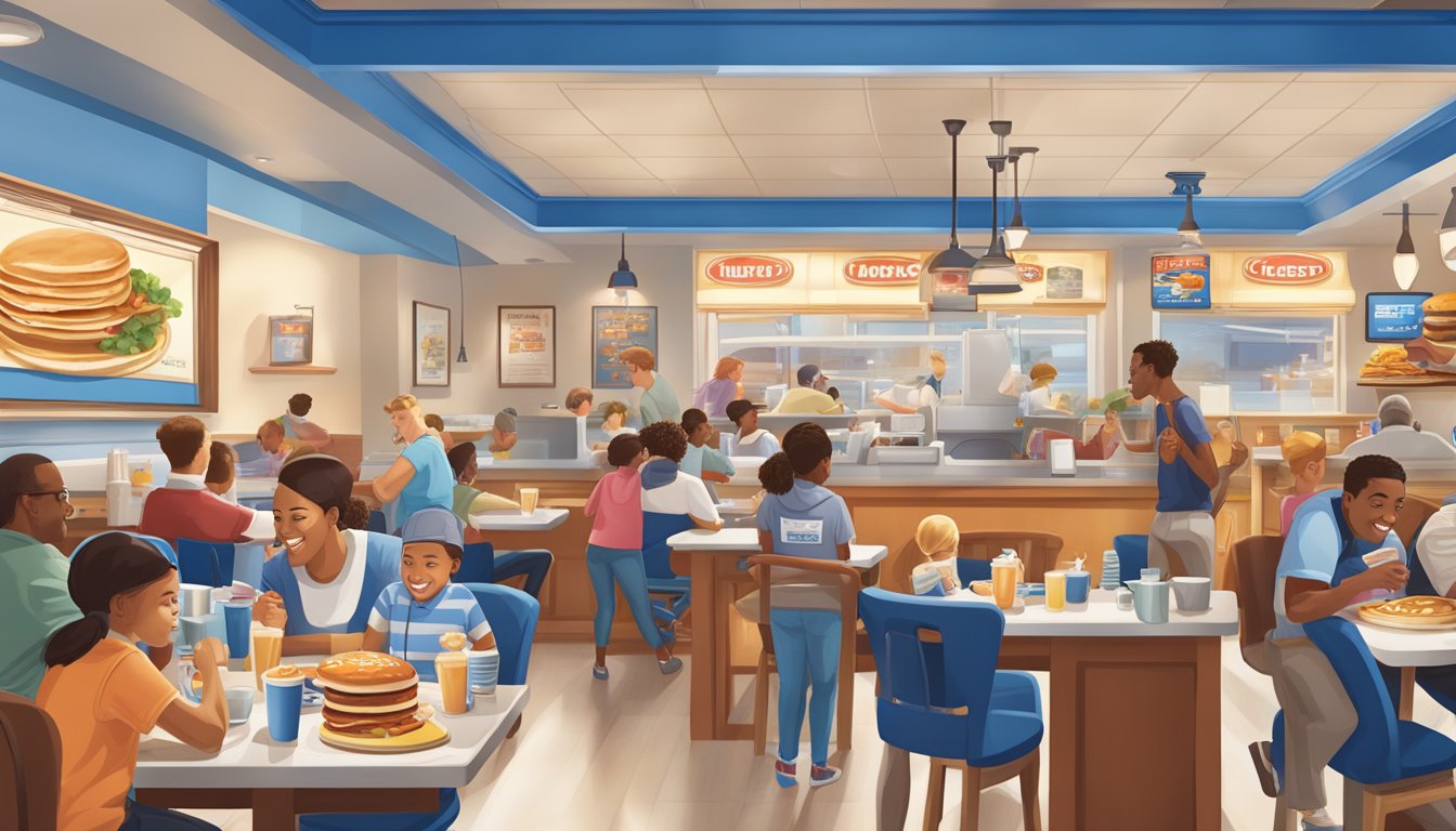 A bustling IHOP restaurant with iconic blue roof and pancake logo, surrounded by diverse customers enjoying classic American breakfast dishes