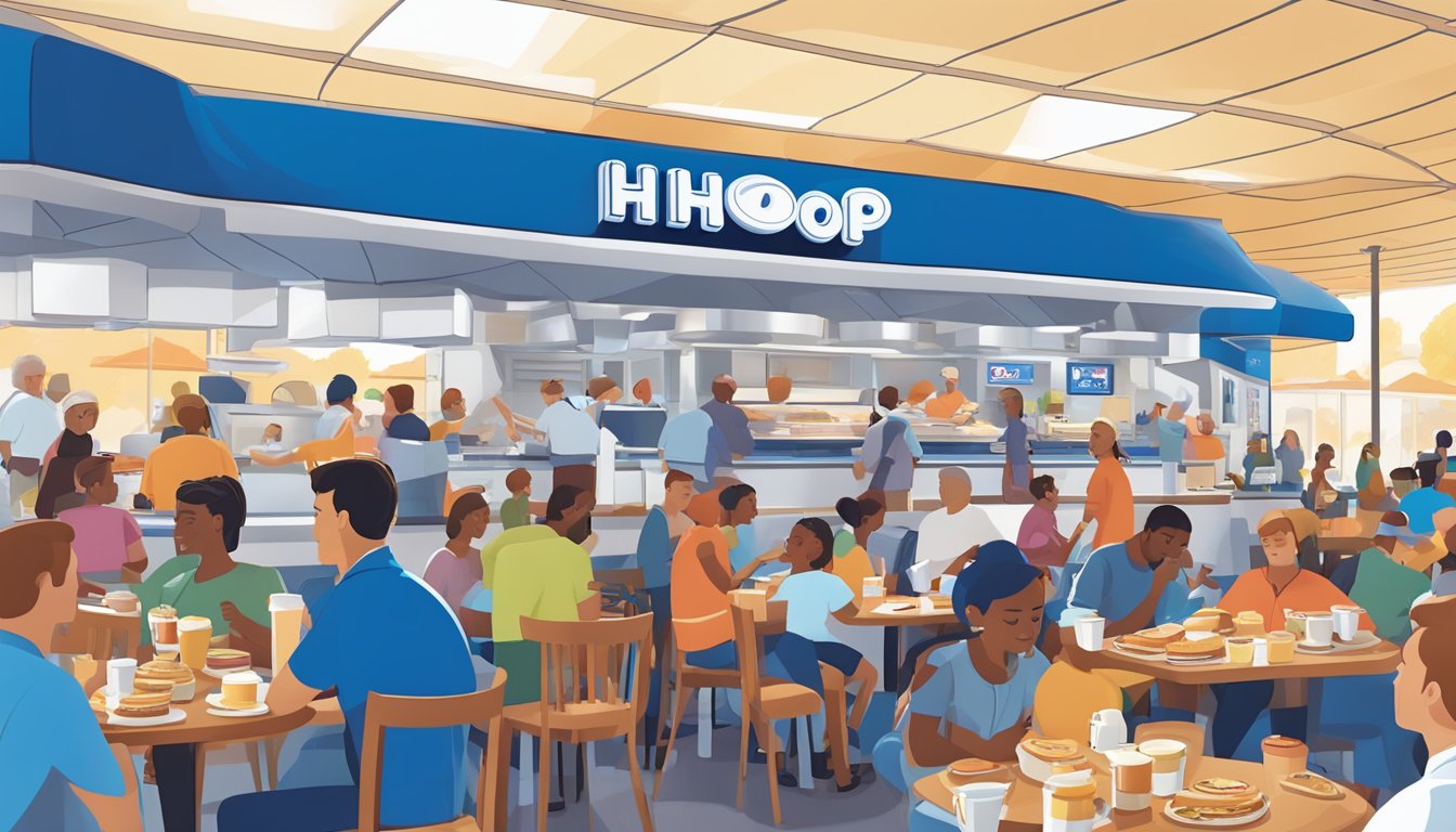 A bustling IHOP restaurant with iconic blue roof and pancake logo, surrounded by diverse customers enjoying breakfast