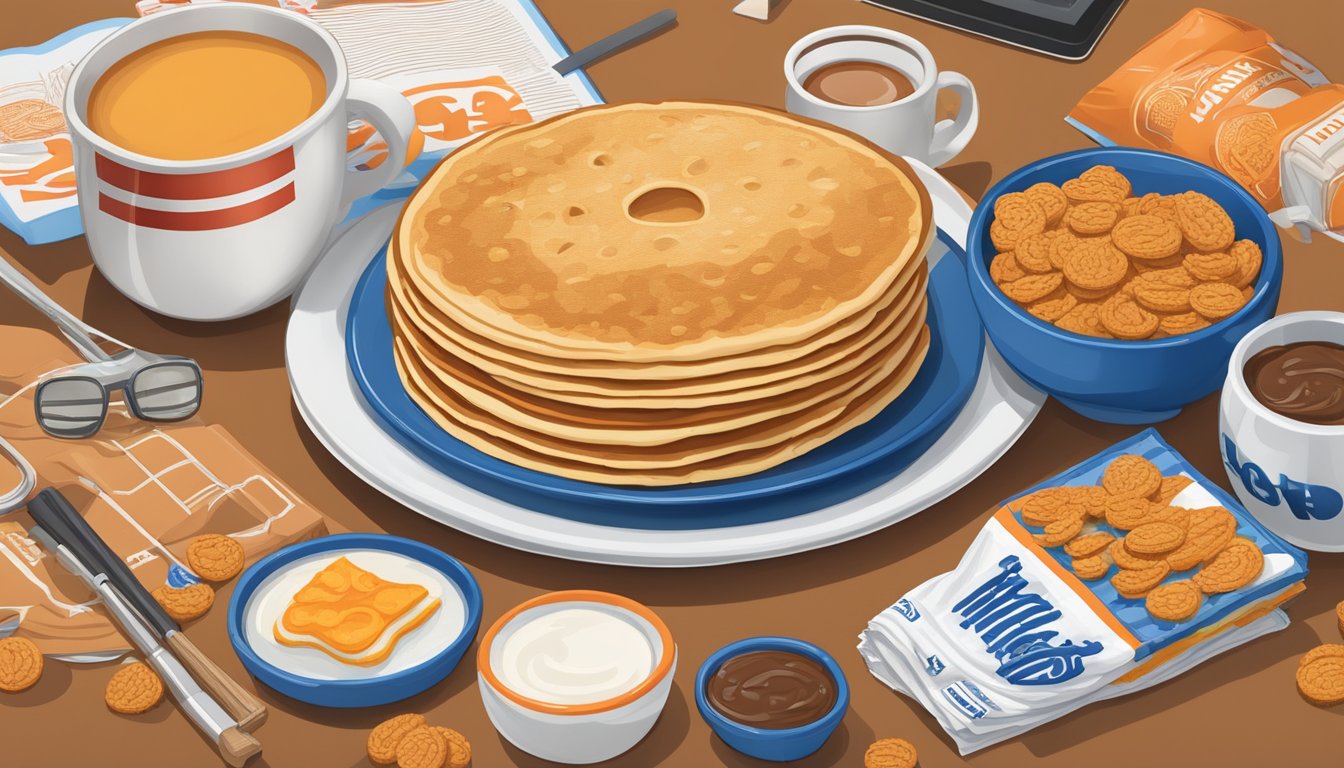 A table set with a bowl of Wheaties and an IHOP pancake, surrounded by sports equipment and memorabilia