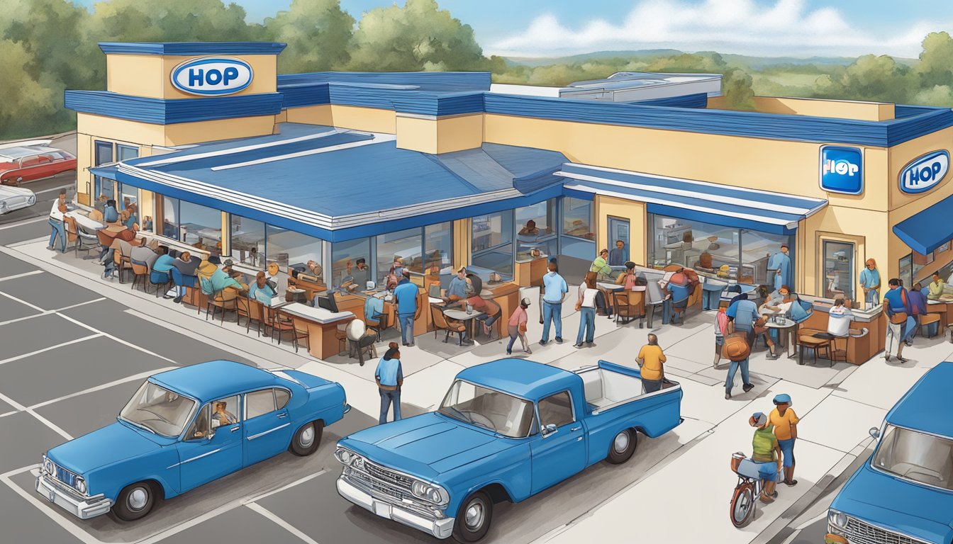 A bustling IHOP restaurant with iconic blue roof and bustling parking lot, surrounded by diverse customers enjoying breakfast and socializing