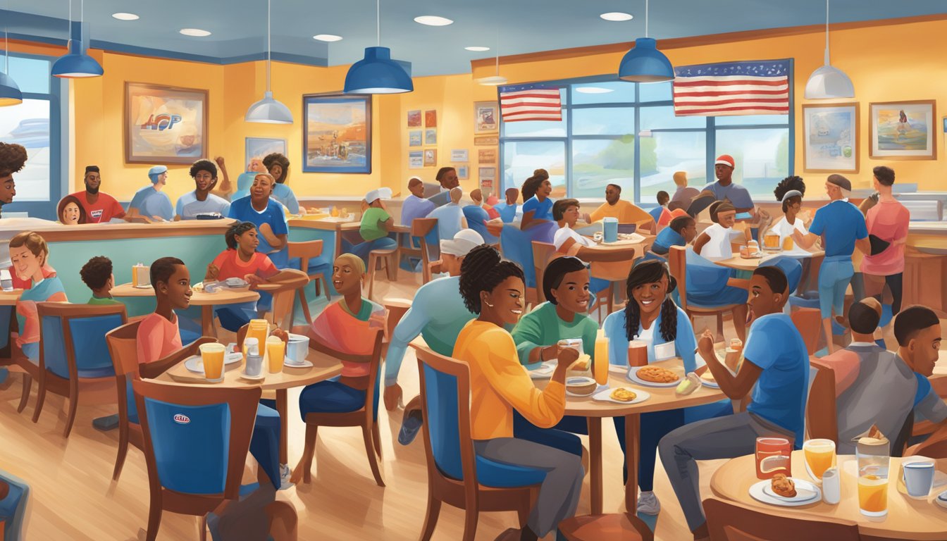 A bustling IHOP restaurant with tables filled with top athletes enjoying a variety of breakfast dishes. The atmosphere is lively and energetic