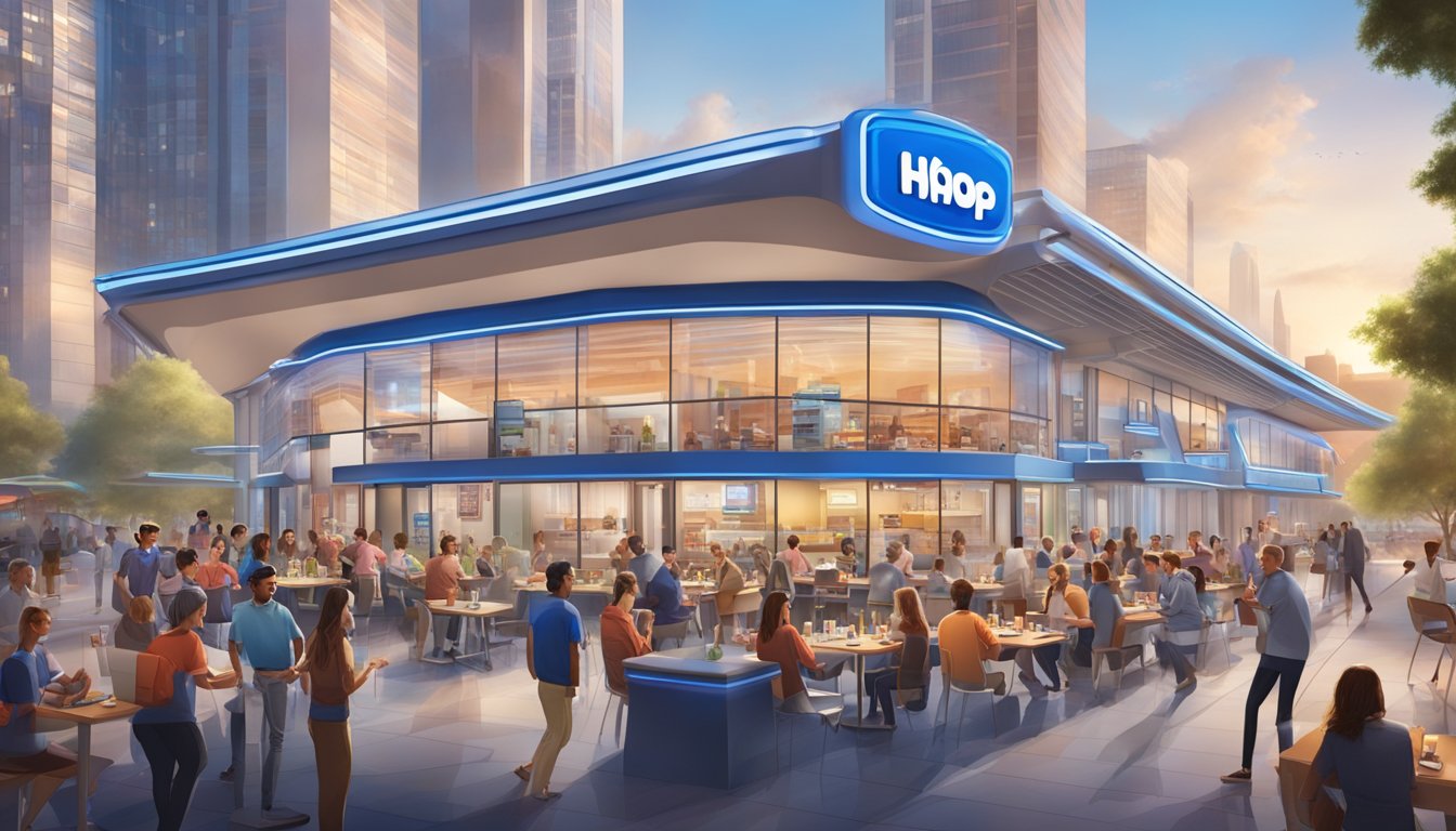 A futuristic IHOP restaurant with sleek architecture and advanced technology, surrounded by bustling city streets and filled with diverse groups of people enjoying their meals