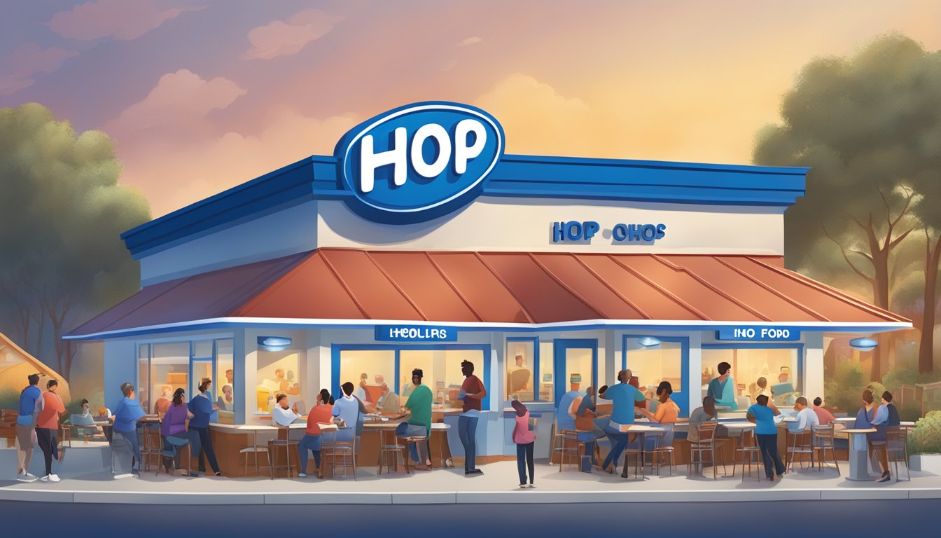 An IHOP restaurant with iconic blue roof and sign, surrounded by diverse customers enjoying a variety of unique menu offerings