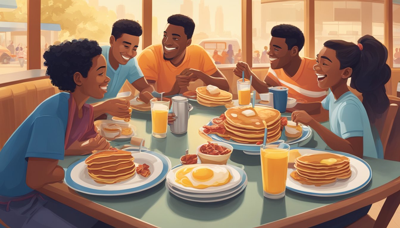 A group of athletes gather around a table at IHOP, enjoying a hearty breakfast spread of pancakes, eggs, and bacon. The restaurant is bustling with energy and excitement