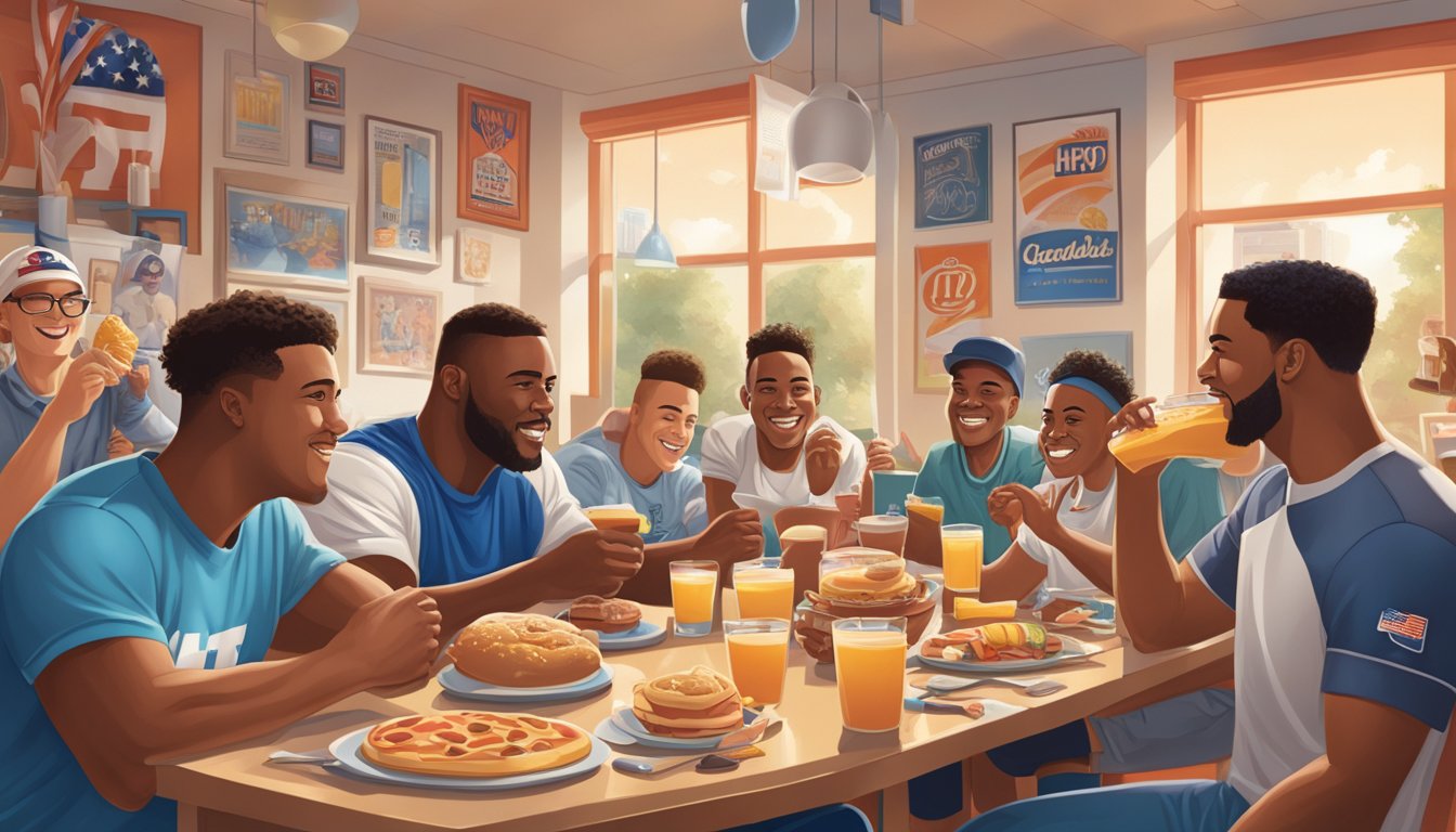 Athletes enjoying IHOP breakfast, surrounded by sports memorabilia and pop culture references