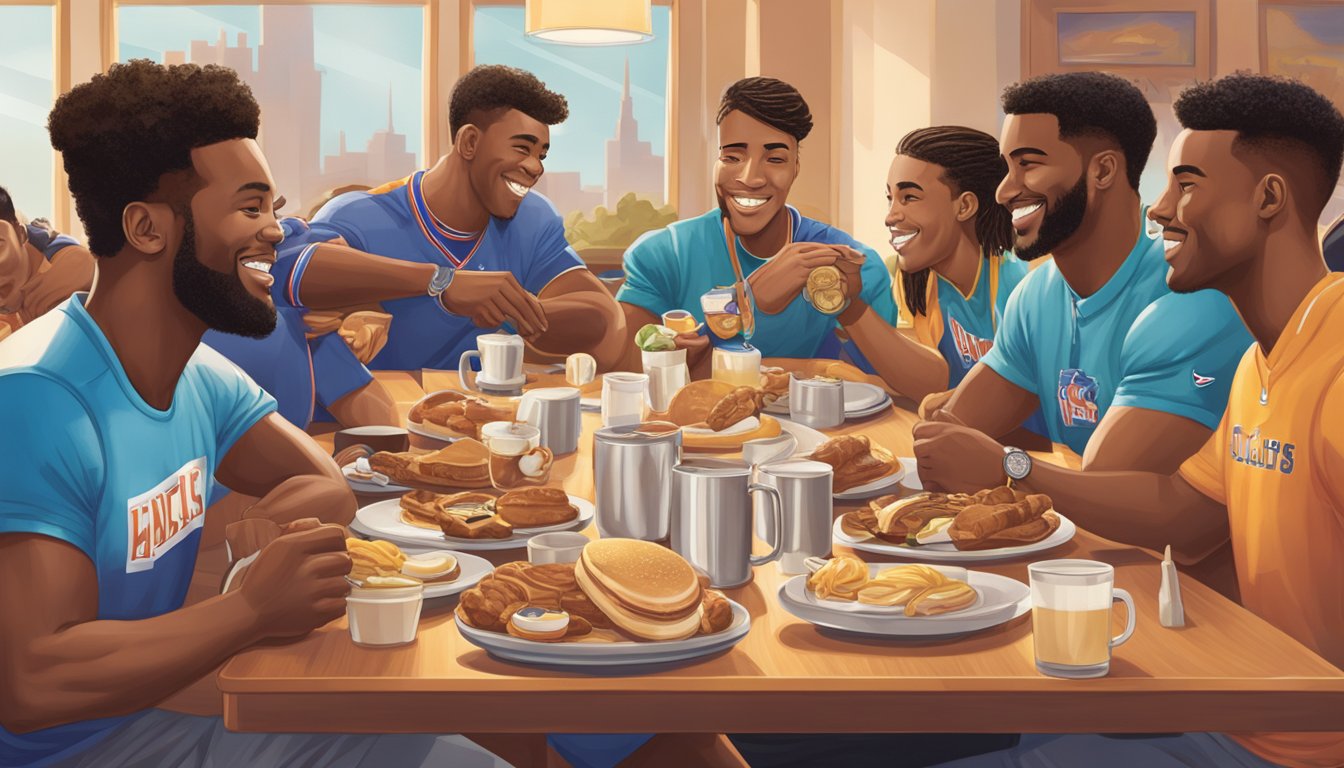 A group of champion athletes enjoying a hearty breakfast at IHOP, with their medals and trophies displayed proudly on the table