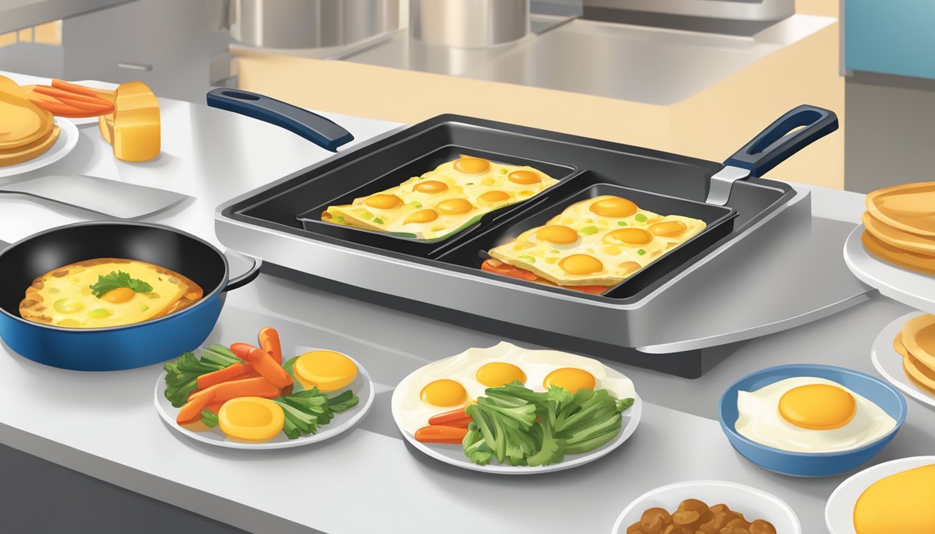 A sizzling pan with eggs, cheese, and vegetables being folded into a perfect omelet at an IHOP-style kitchen station