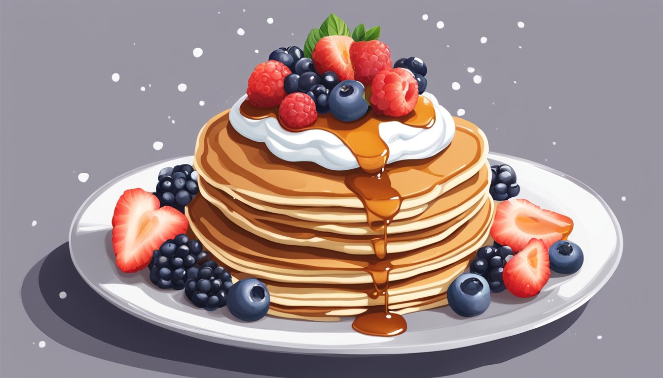 A towering stack of fluffy pancakes dripping with syrup and topped with a dollop of whipped cream, surrounded by a scattering of fresh berries and a dusting of powdered sugar