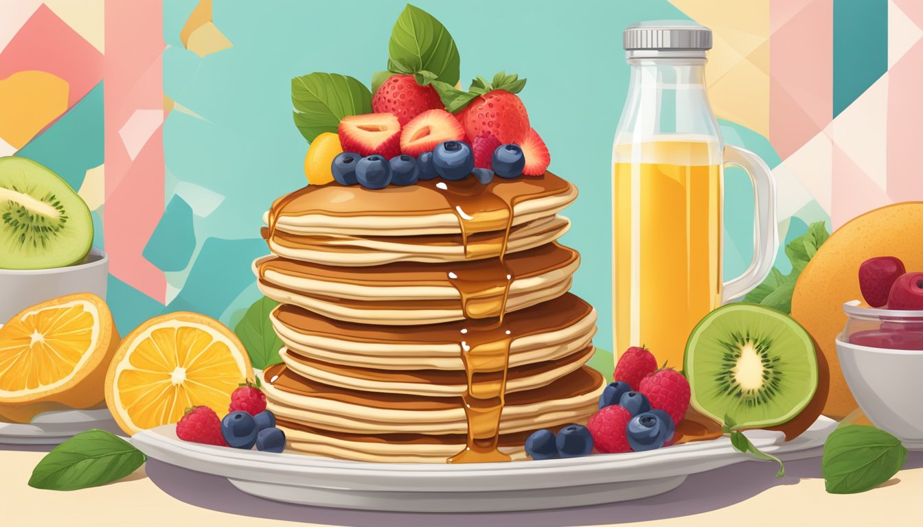 A towering stack of pancakes with fruit and syrup, surrounded by a colorful array of fresh, healthy ingredients