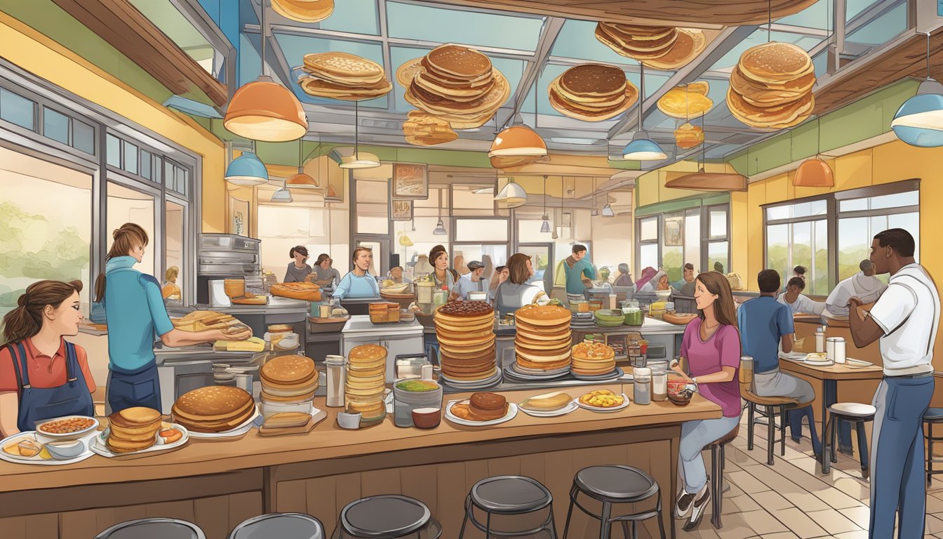 A bustling breakfast restaurant with a colorful array of diverse menu items, including a towering stack of pancakes breaking breakfast records