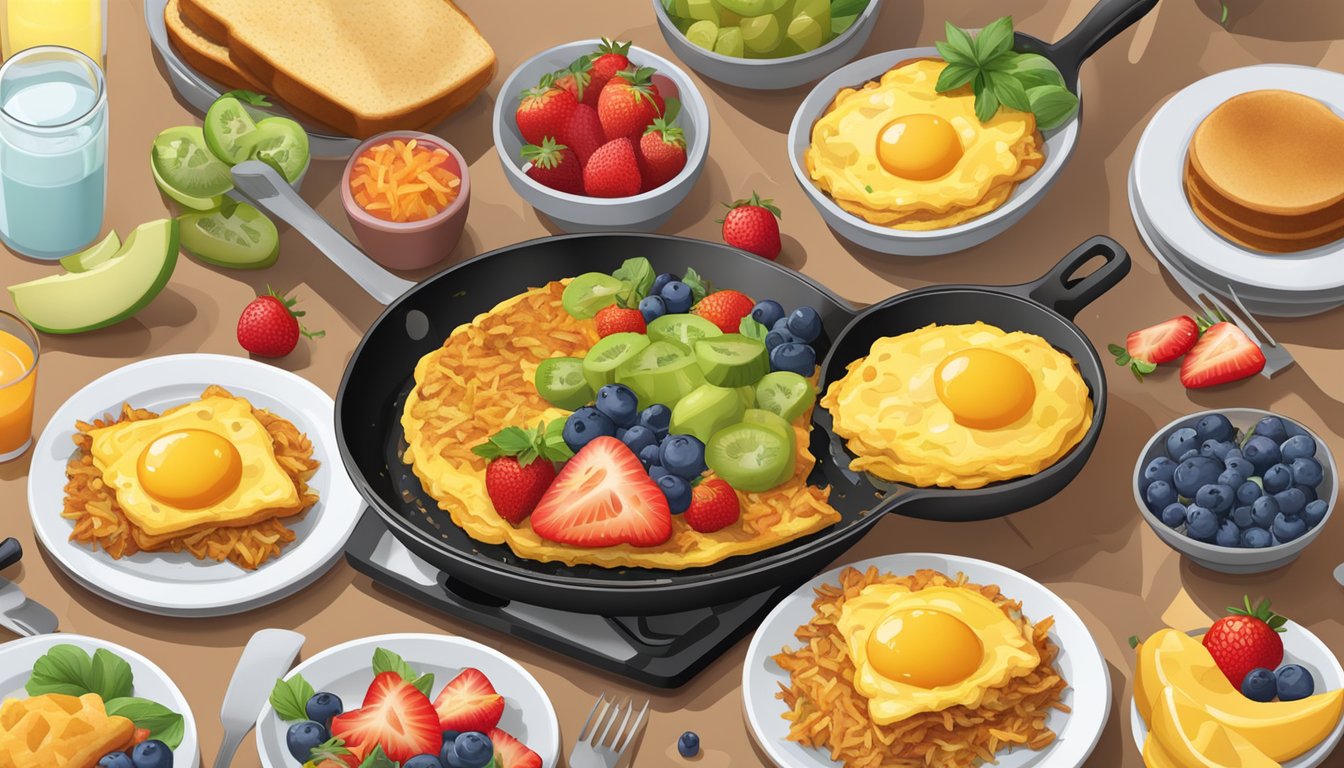 A sizzling skillet holds a fluffy omelet surrounded by crispy hash browns, buttered toast, and a colorful assortment of fresh fruit