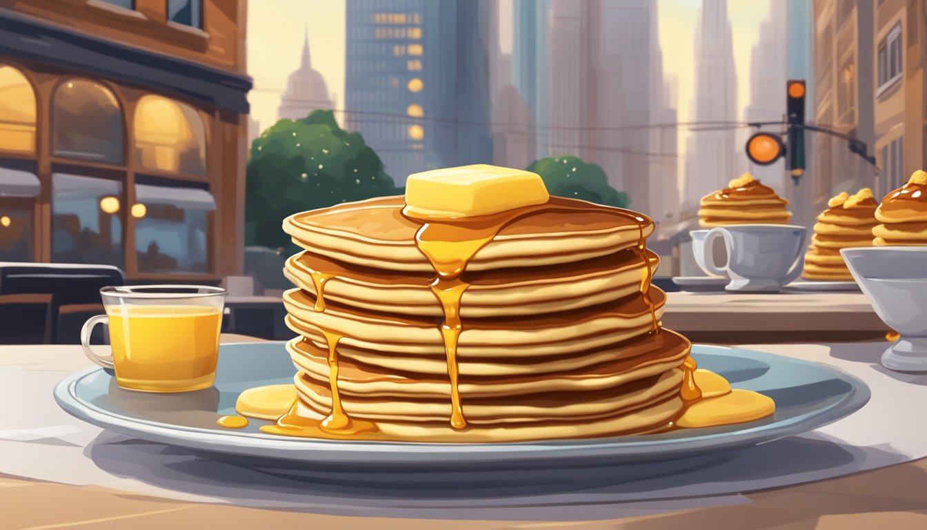 A towering stack of fluffy, golden pancakes adorned with a cascade of syrup and a dollop of melting butter, set against a backdrop of bustling breakfast diners