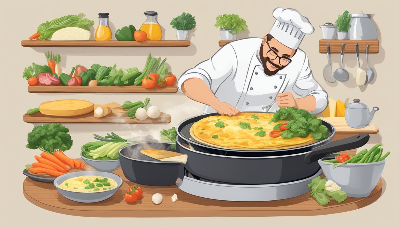 A chef expertly flips a fluffy omelet in a sizzling pan, surrounded by fresh vegetables, cheese, and various dietary-friendly ingredients