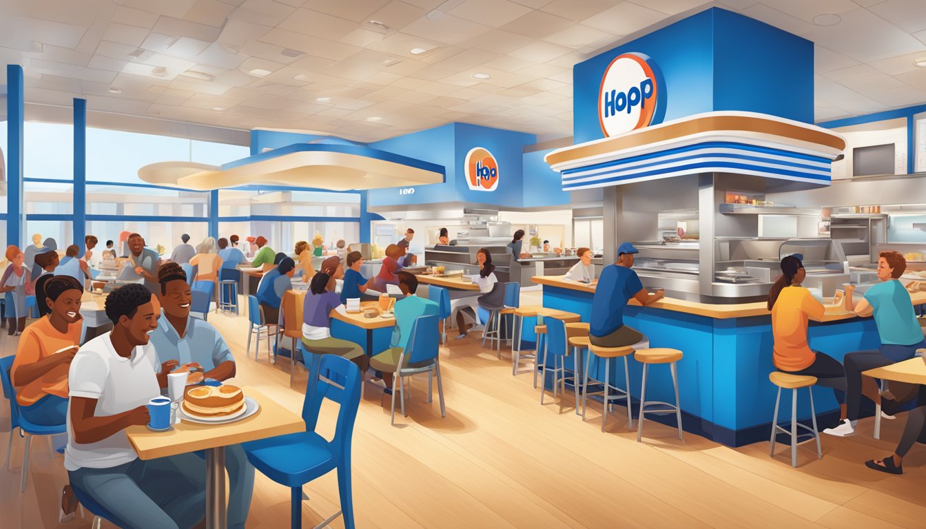 A bustling IHOP restaurant with iconic blue roof and pancake logo, surrounded by diverse customers enjoying breakfast dishes