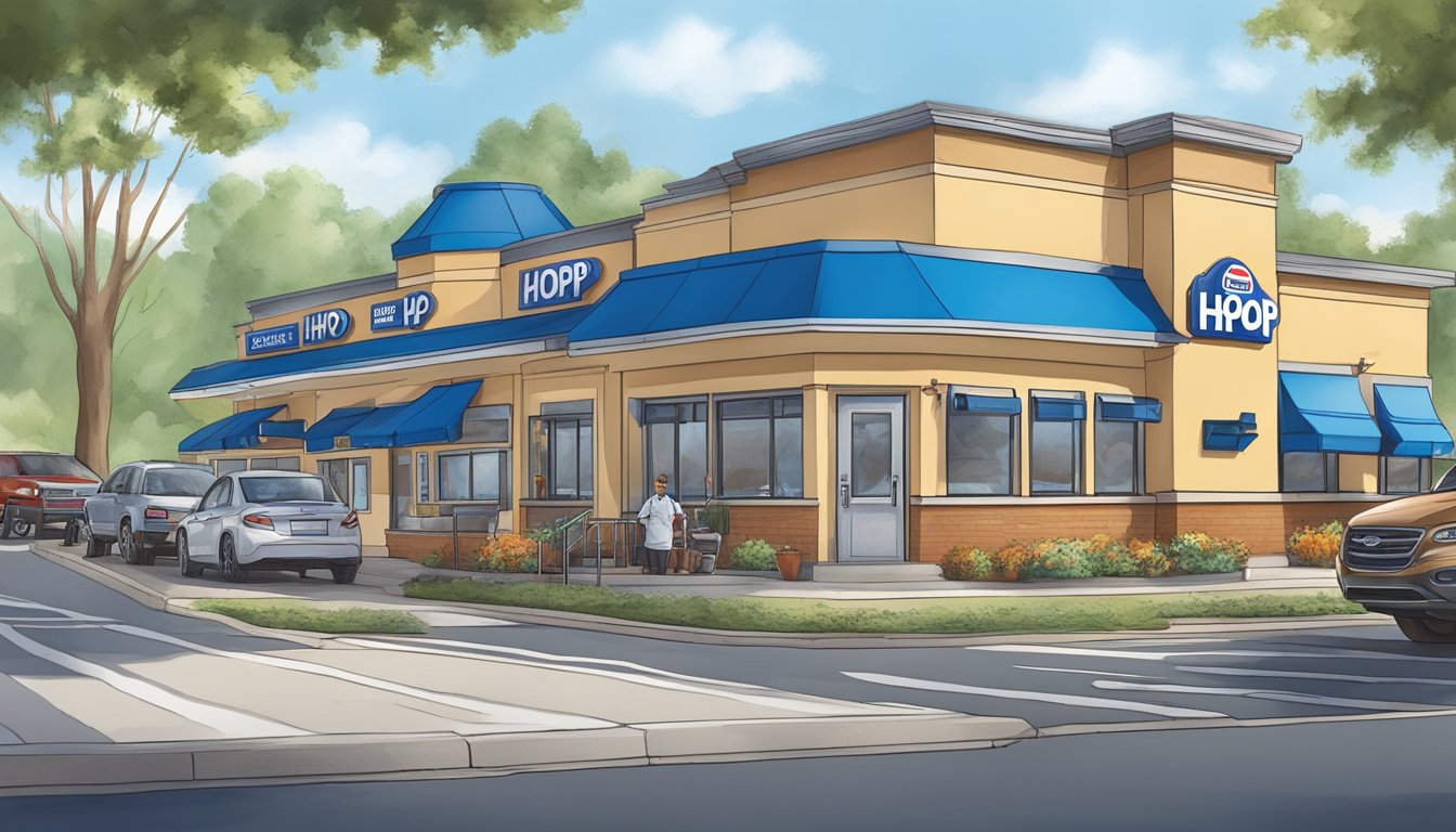 An IHOP restaurant with a large, bustling dining area, a welcoming entrance, and a spacious parking lot, with a sign displaying the words "Biggest Pancake" and "Breaking Breakfast Records."