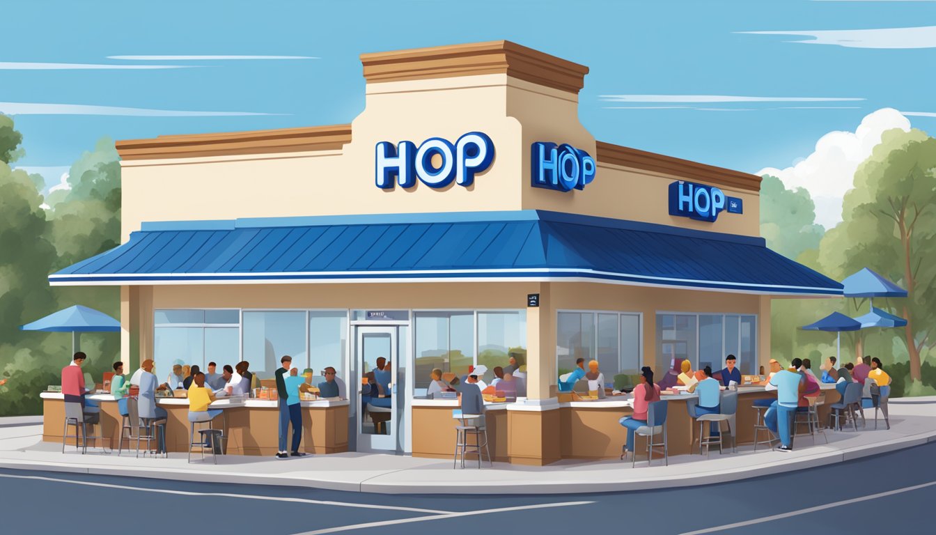 A bustling IHOP restaurant with a diverse crowd enjoying breakfast and a welcoming atmosphere. The exterior showcases the iconic blue roof and signage