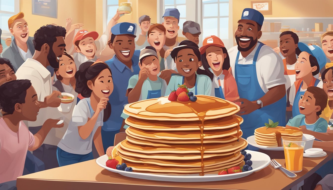 A towering stack of pancakes crowned with fruit and syrup, surrounded by excited customers and staff at IHOP