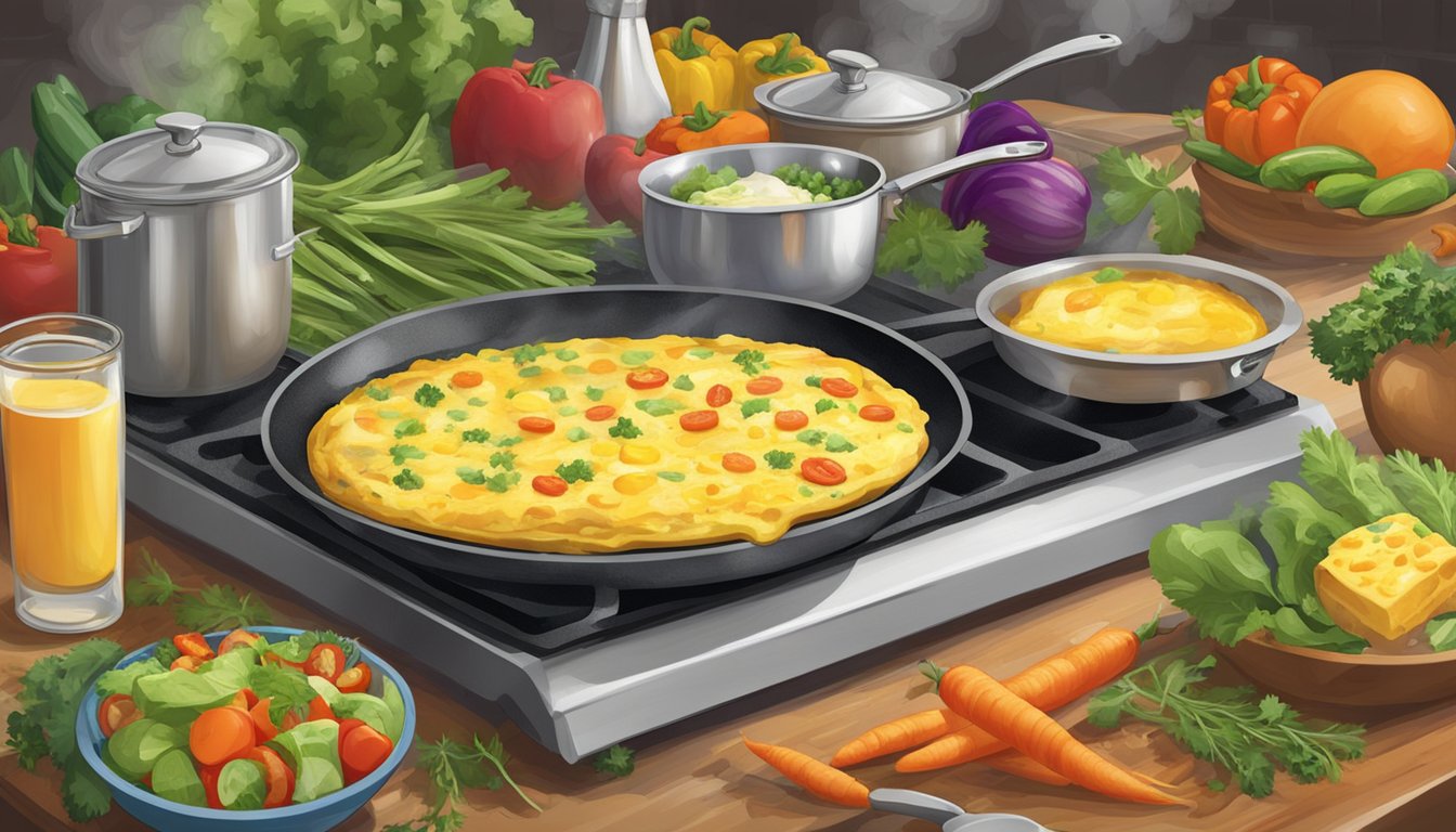 A sizzling omelet cooks on a buttered griddle, surrounded by colorful vegetables, cheese, and herbs. Steam rises as the chef expertly folds the omelet, ready to serve