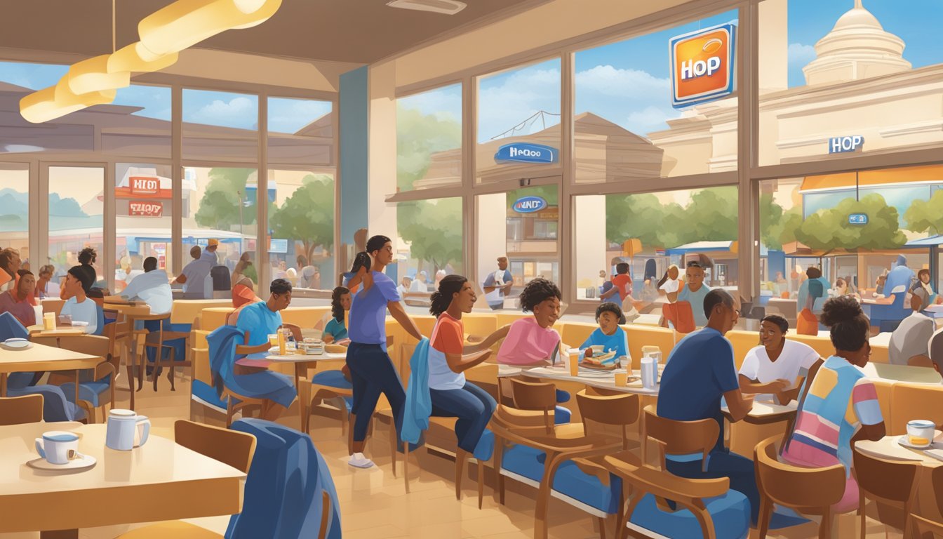 A bustling IHOP restaurant in a California city with iconic landmarks in the background, as people from diverse cultures enjoy the brand's famous pancakes and breakfast dishes