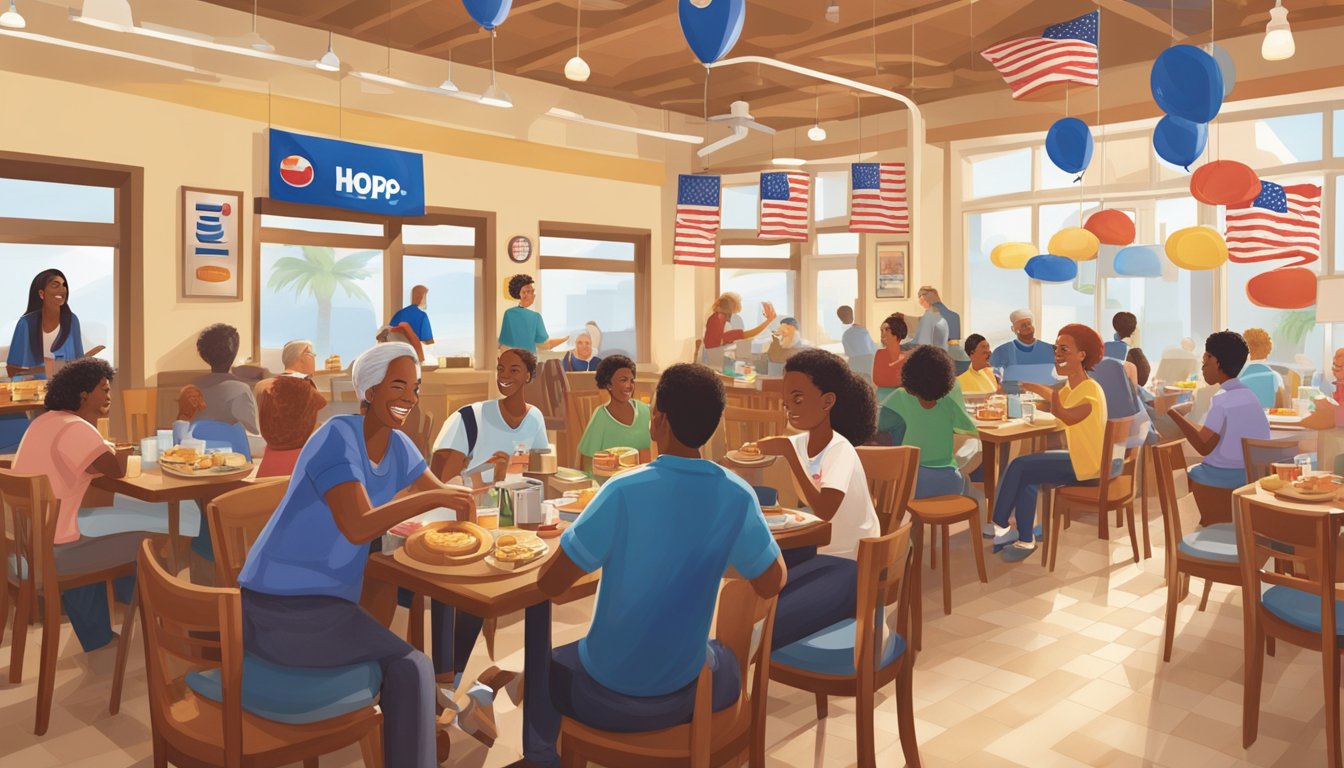 A bustling IHOP restaurant with a diverse group of customers enjoying a variety of breakfast foods. The restaurant is adorned with international flags and decor, symbolizing IHOP's global expansion