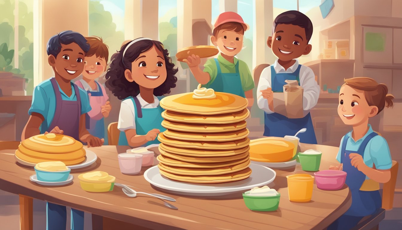 A colorful stack of pancakes being served to a group of smiling children, with a donation box for charity nearby