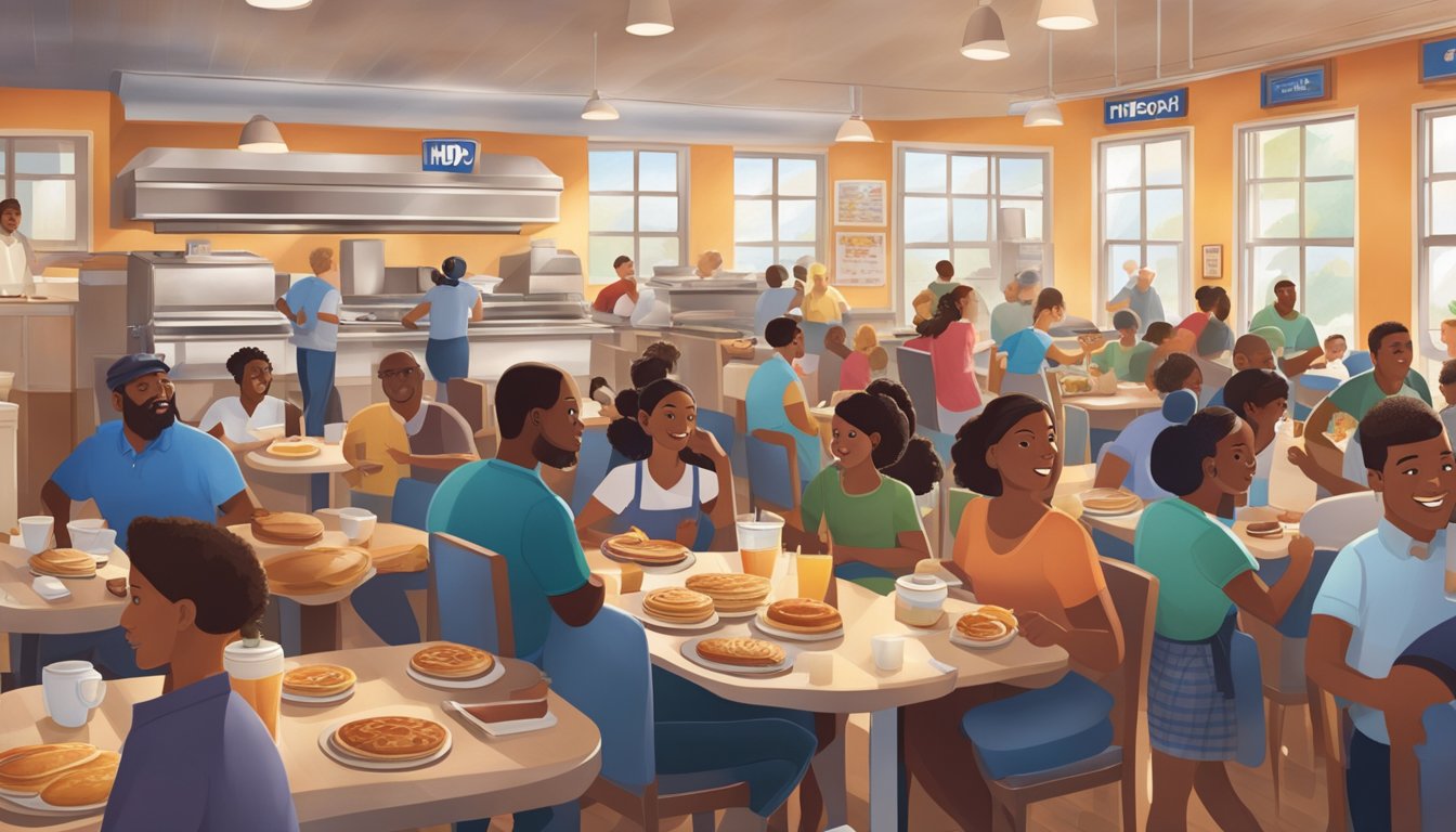 A bustling IHOP restaurant with a diverse crowd enjoying breakfast and pancakes, while servers rush back and forth delivering steaming plates of food