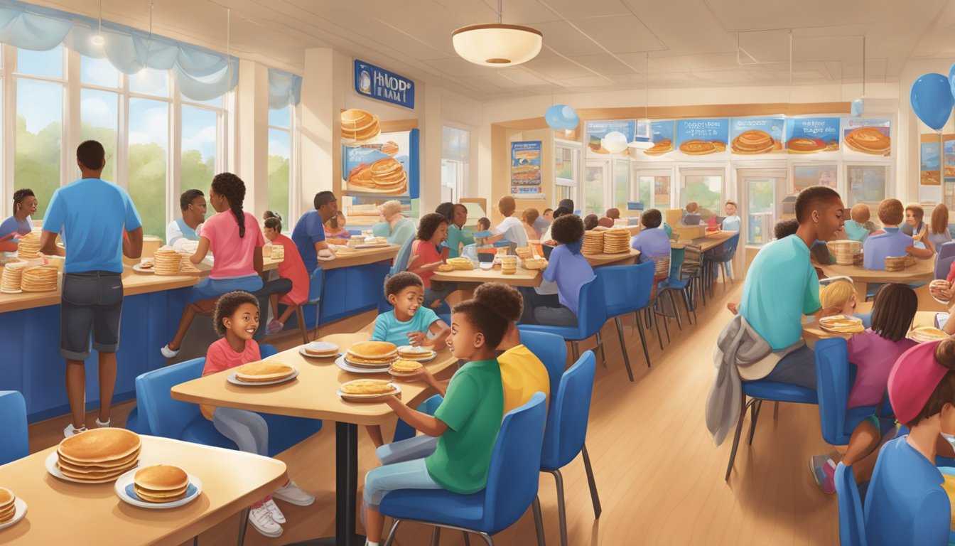 A bustling IHOP restaurant filled with families and friends enjoying stacks of fluffy pancakes, while donation boxes and banners for charity line the walls