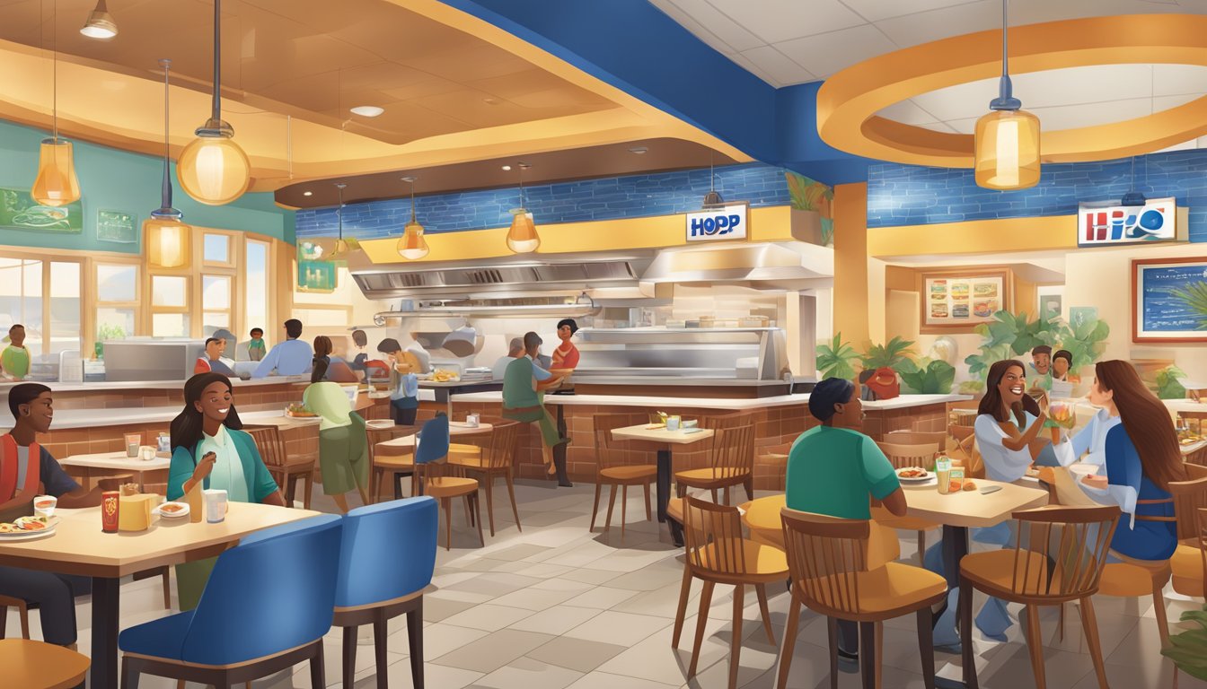 A bustling IHOP restaurant with diverse global decor and cuisine, featuring California-inspired dishes alongside international flavors