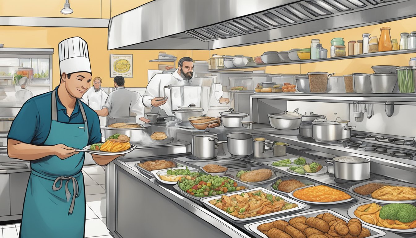 A chef prepares a variety of breakfast dishes, including gluten-free, dairy-free, and vegan options, in a bustling kitchen at Jack's Breakfast Cook