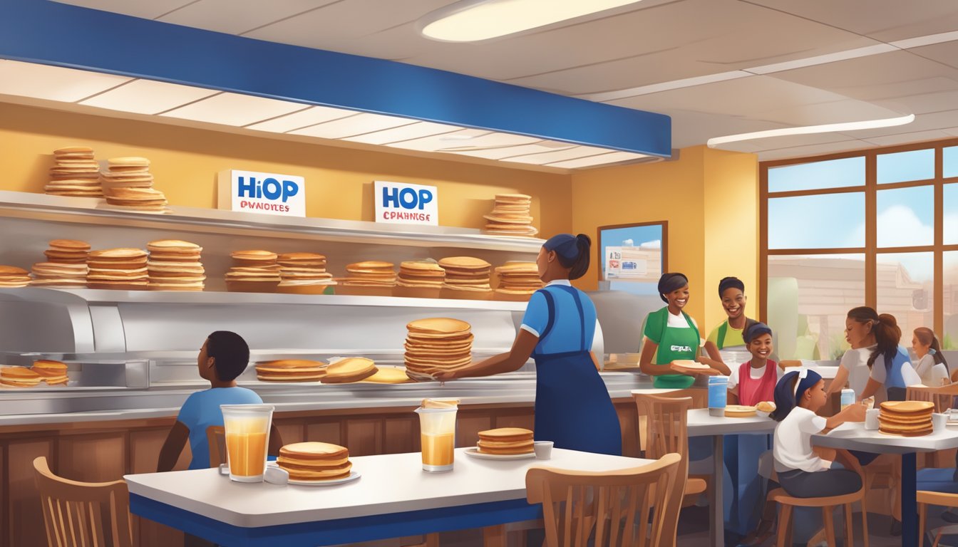 A bustling IHOP restaurant with stacks of pancakes being served to customers, a donation box for charity, and a festive atmosphere