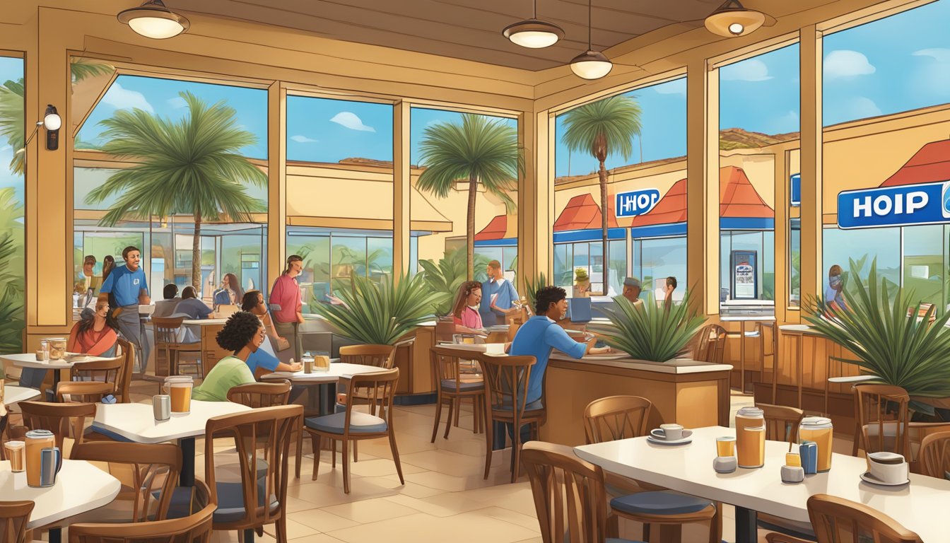 A bustling IHOP restaurant in California with iconic palm trees, serving diverse customers from around the world