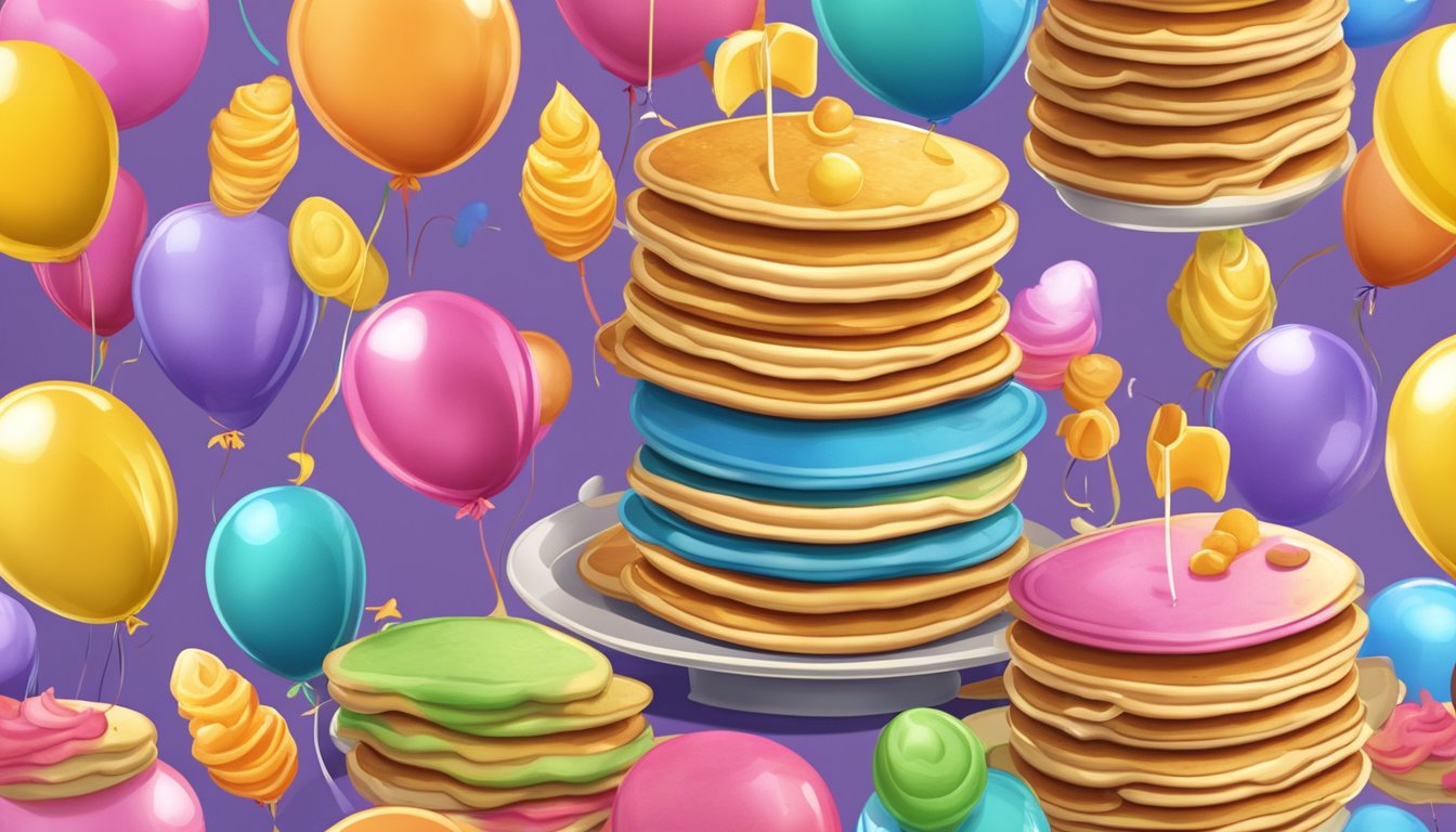 A cheerful stack of pancakes surrounded by smiling faces and colorful balloons