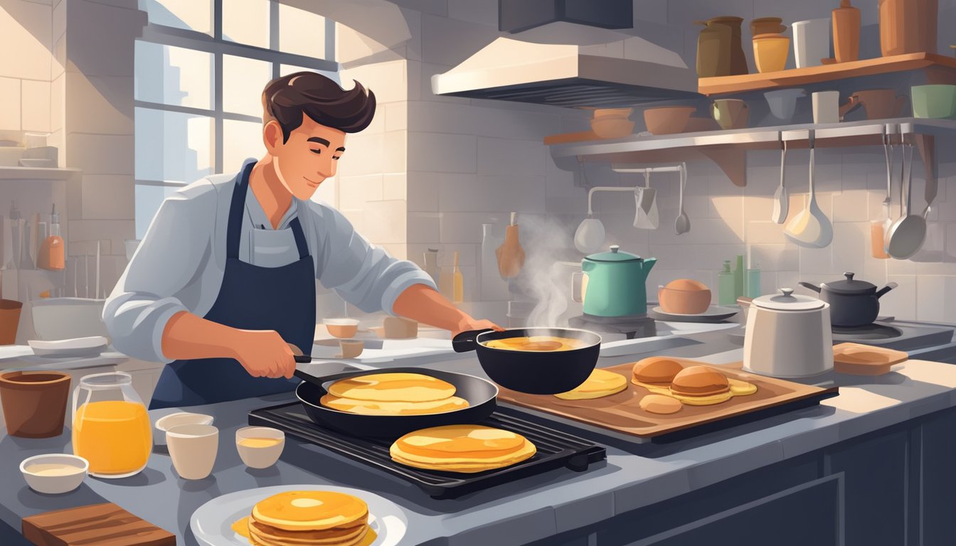 The breakfast cook swiftly prepares and flips pancakes on a sizzling griddle, while simultaneously cracking eggs into a hot frying pan