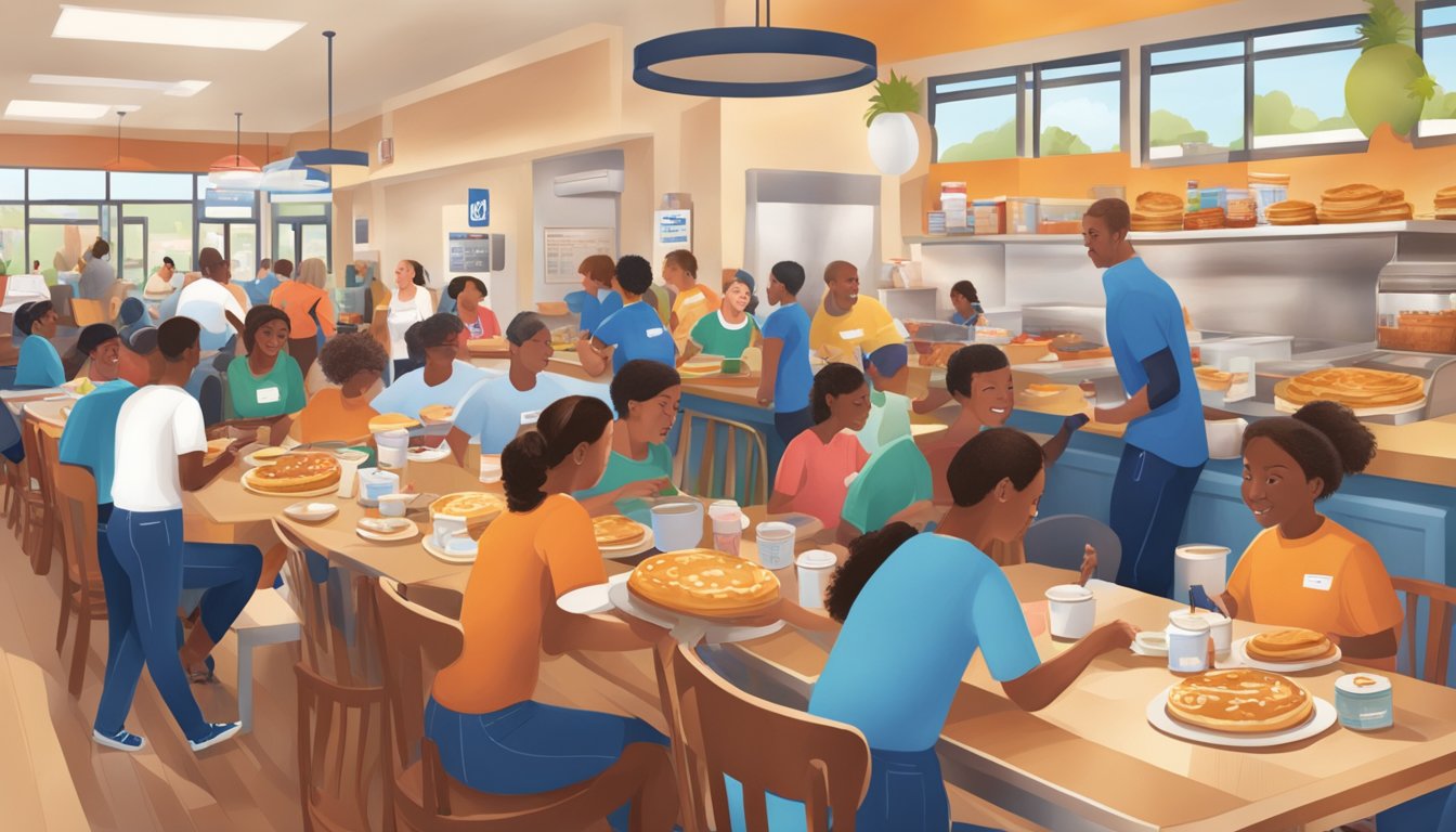 A bustling IHOP restaurant with people enjoying pancakes, donating to charity, and volunteers serving food