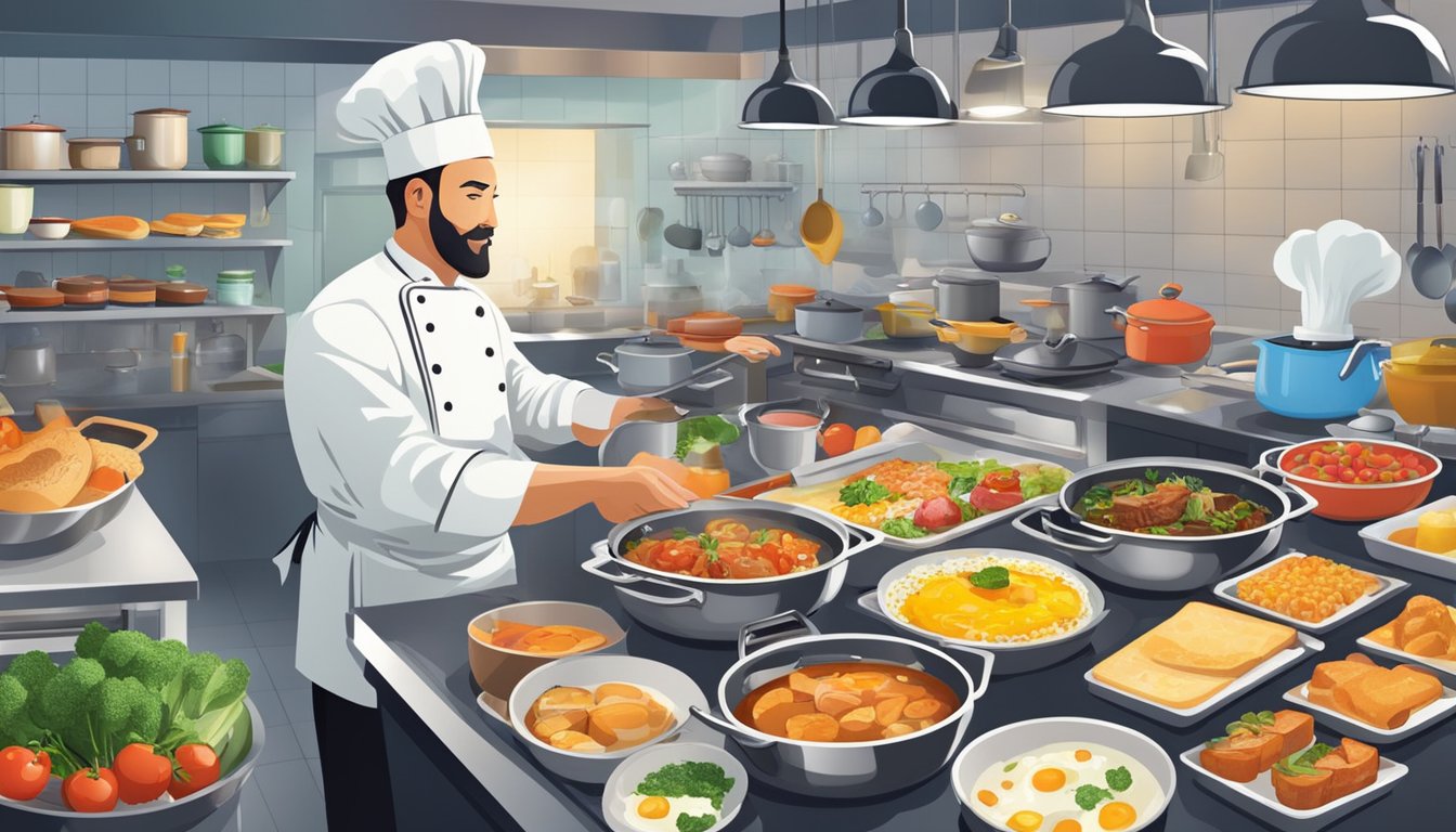 A chef prepares a variety of breakfast dishes in a busy kitchen, with sizzling pans, steaming pots, and a colorful array of fresh ingredients