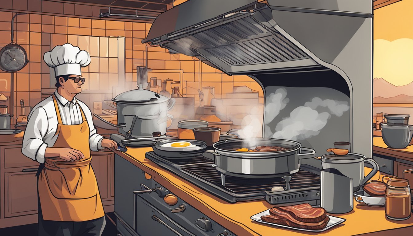 The breakfast cook flips eggs on a sizzling grill while bacon sizzles nearby. Steam rises from a pot of freshly brewed coffee as the cook hums along to the radio