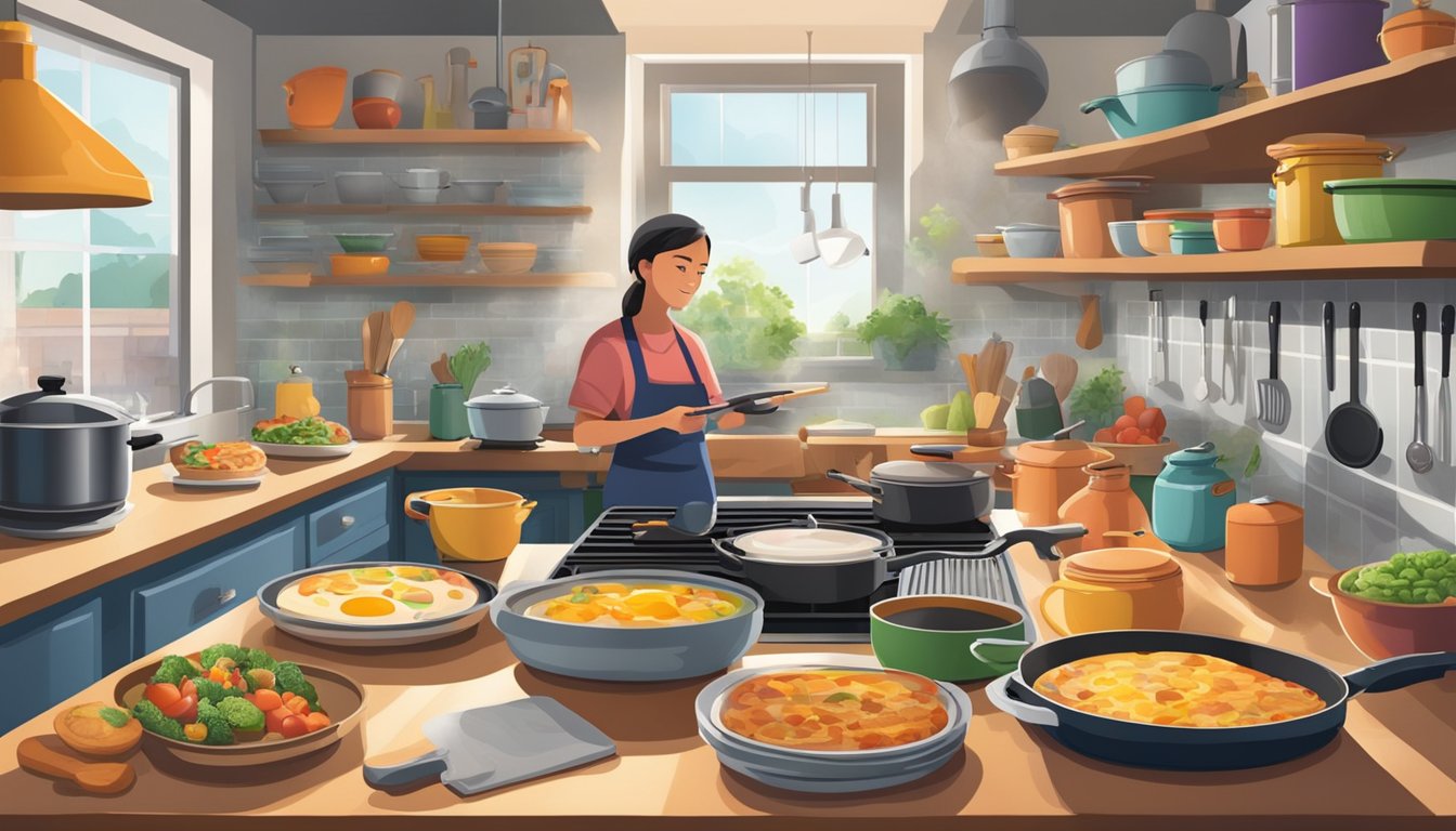 A bustling kitchen filled with sizzling griddles, steaming pots, and colorful ingredients as the breakfast cook prepares for the day's first meal