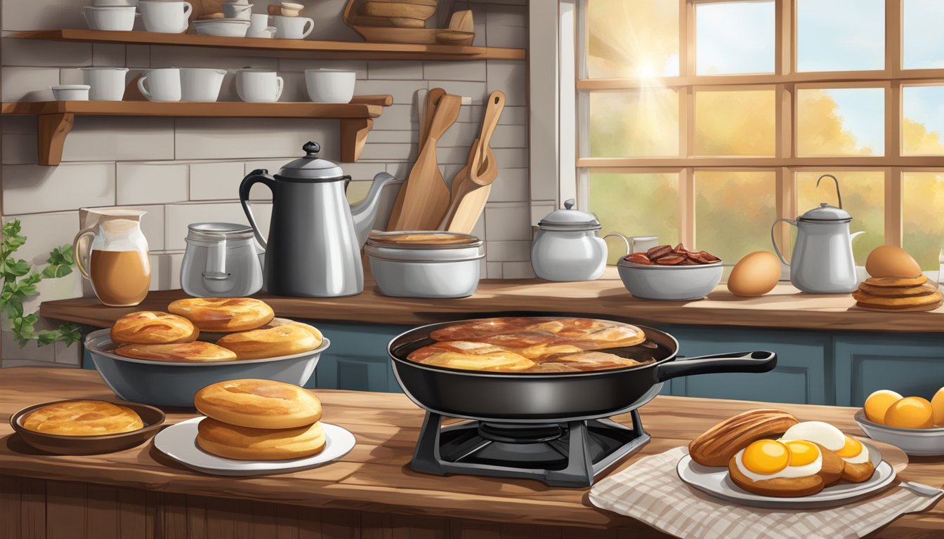 A rustic farmhouse kitchen with a steaming pot of coffee, a sizzling skillet of eggs and bacon, and a spread of freshly baked pastries