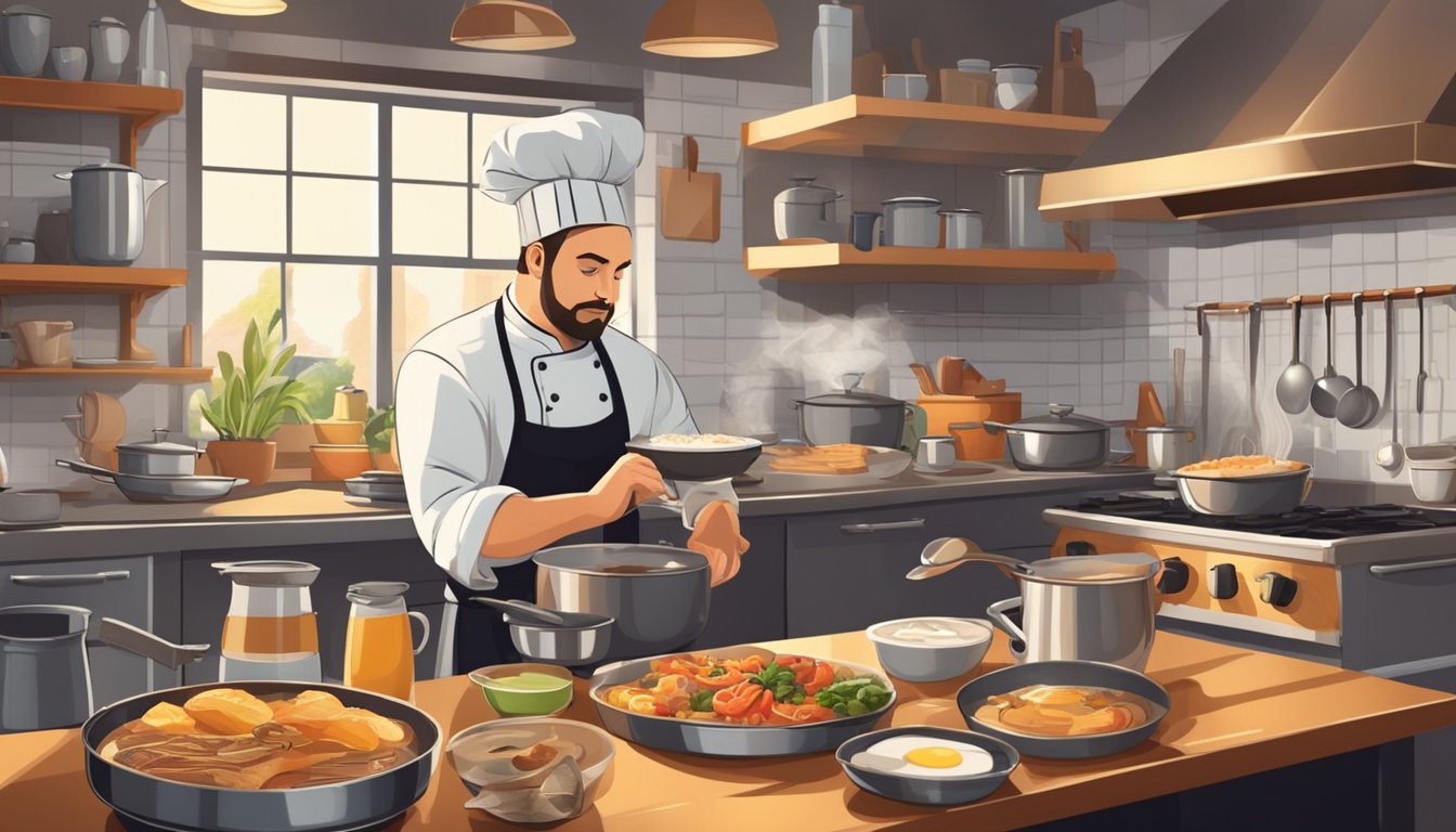 A chef prepares breakfast in a bustling kitchen, surrounded by sizzling pans, fresh ingredients, and the aroma of coffee