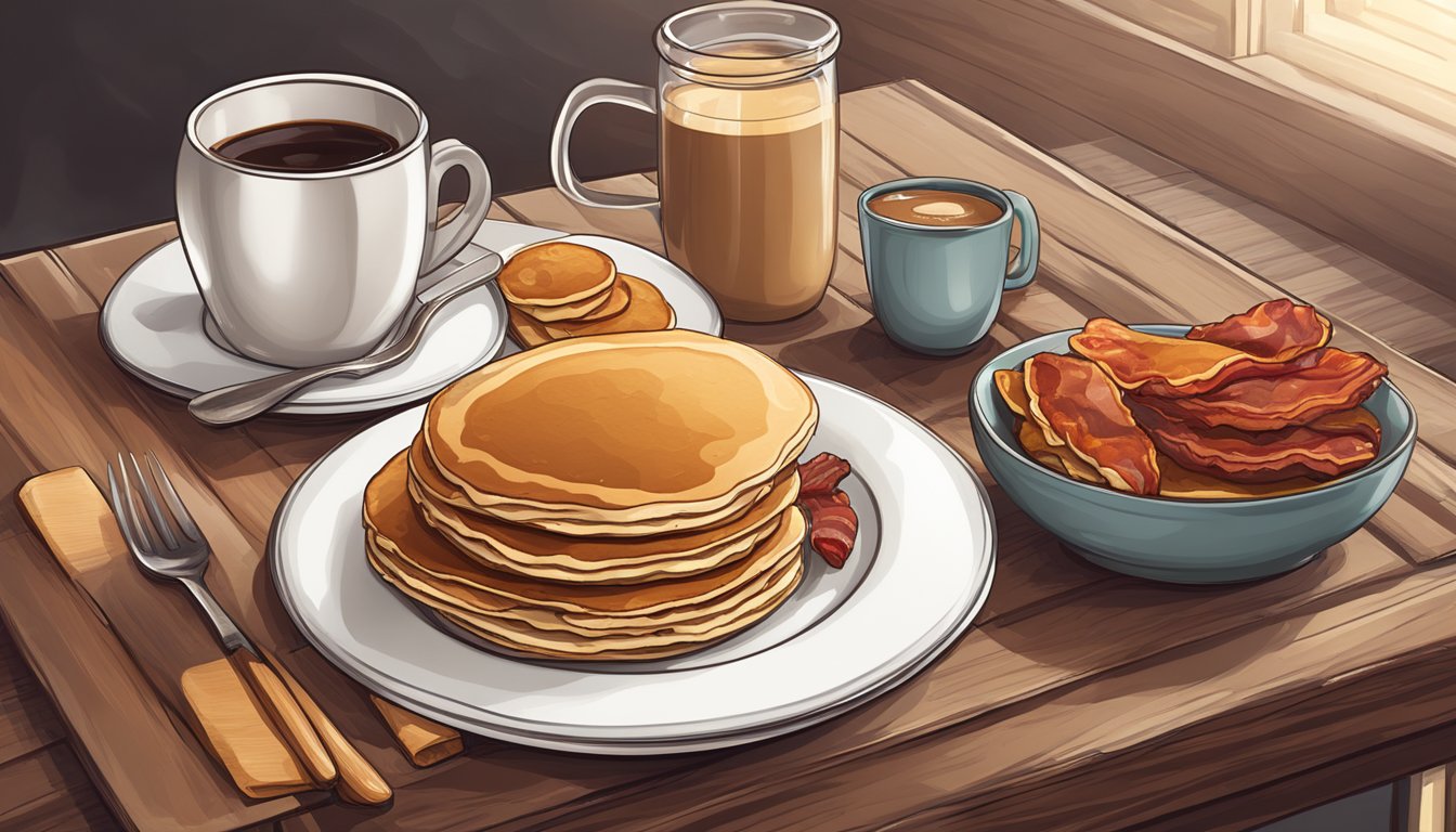 A rustic kitchen table set with a steaming cup of coffee, a plate of fluffy pancakes, and a side of crispy bacon