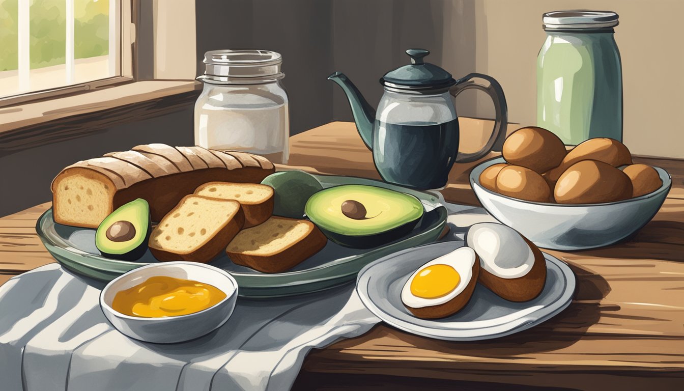 A rustic kitchen table displays fresh eggs, ripe avocados, and a loaf of artisan bread, alongside a steaming cup of coffee and a jar of homemade jam